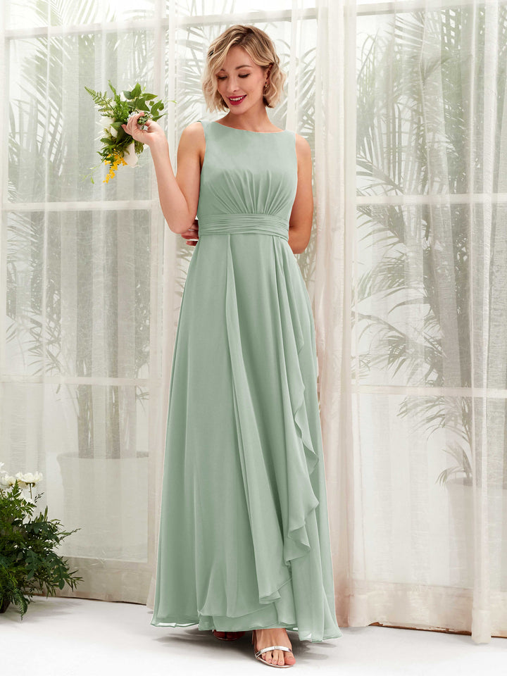 Sage Green Bridesmaid Dresses Bridesmaid Dress A-line Chiffon Bateau Full Length Sleeveless Wedding Party Dress (81225805)