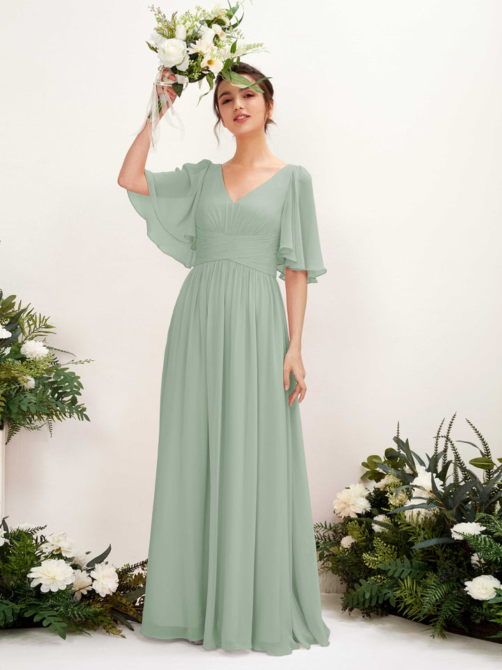 Sage Green Bridesmaid Dresses Bridesmaid Dress A-line Chiffon V-neck Full Length 1/2 Sleeves Wedding Party Dress (81221605)