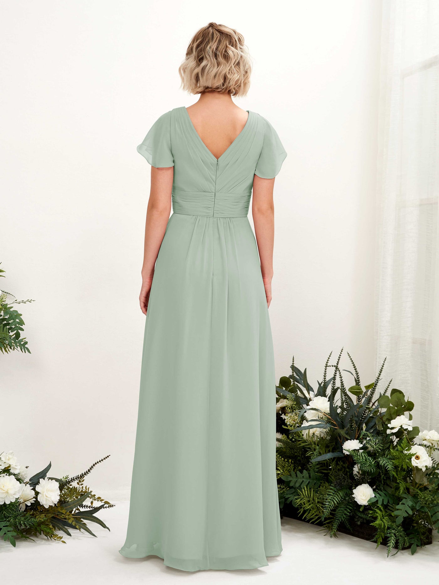 Sage Green Bridesmaid Dresses Bridesmaid Dress A-line Chiffon V-neck Full Length Short Sleeves Wedding Party Dress (81224305)#color_sage-green