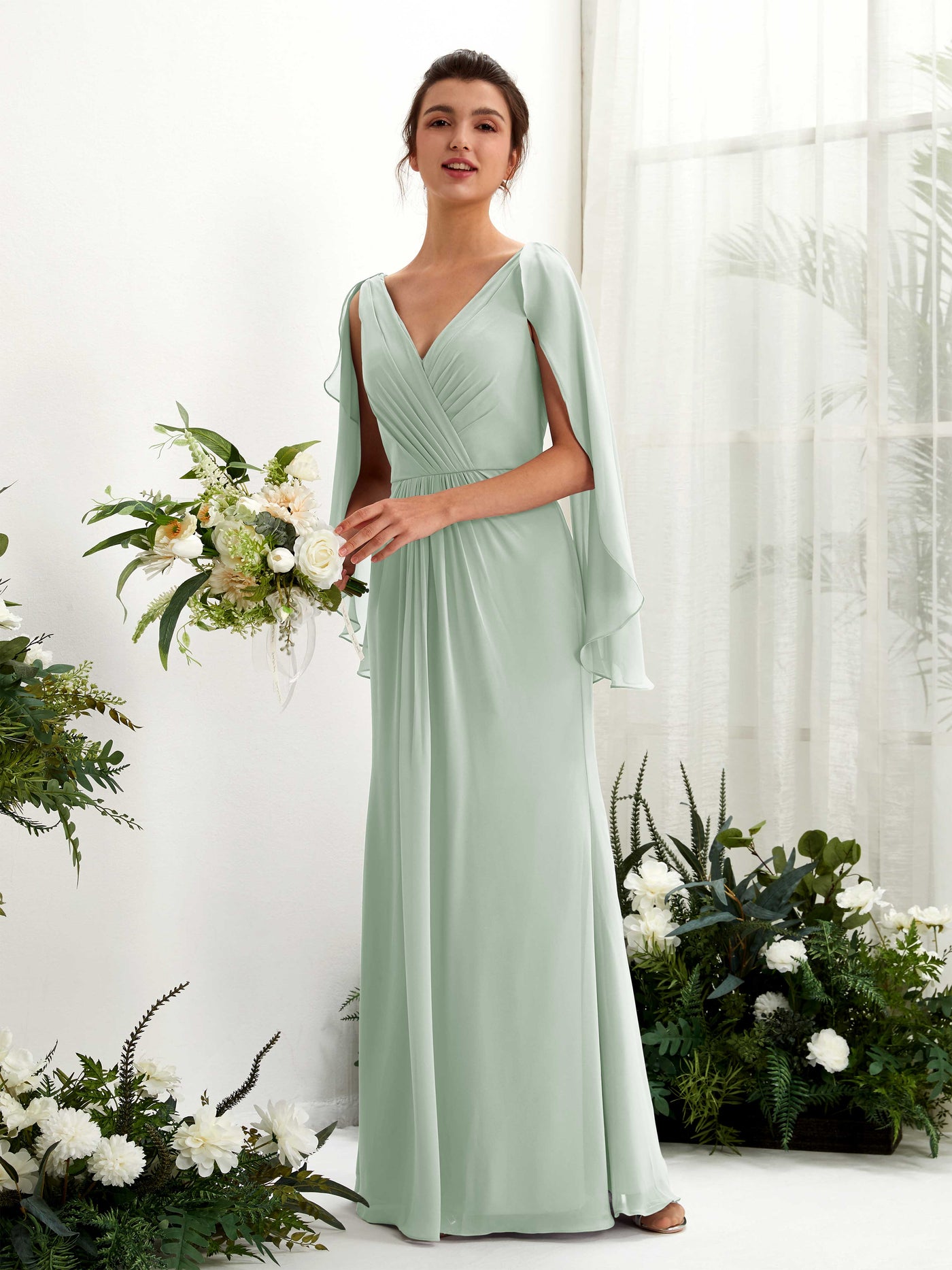Sage Green Bridesmaid Dresses Bridesmaid Dress A-line Chiffon Straps Full Length Long Sleeves Wedding Party Dress (80220105)#color_sage-green