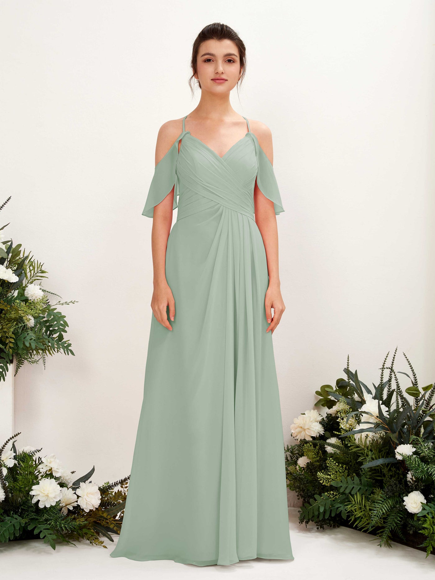 Ball Gown Off Shoulder Spaghetti-straps Chiffon Bridesmaid Dress - Sage Green (81221705)#color_sage-green