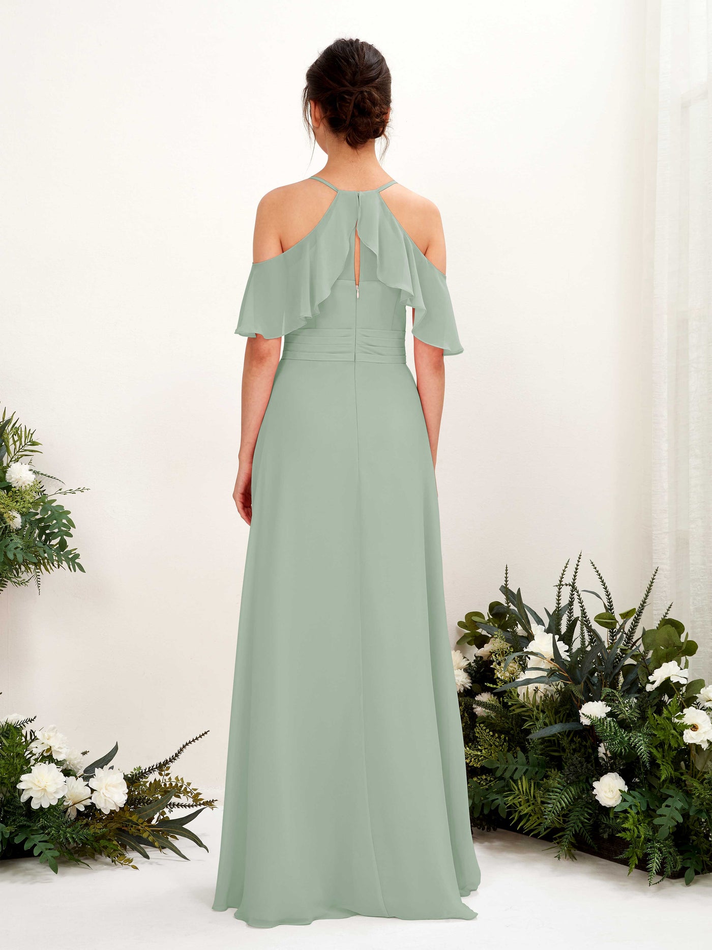Ball Gown Off Shoulder Spaghetti-straps Chiffon Bridesmaid Dress - Sage Green (81221705)#color_sage-green