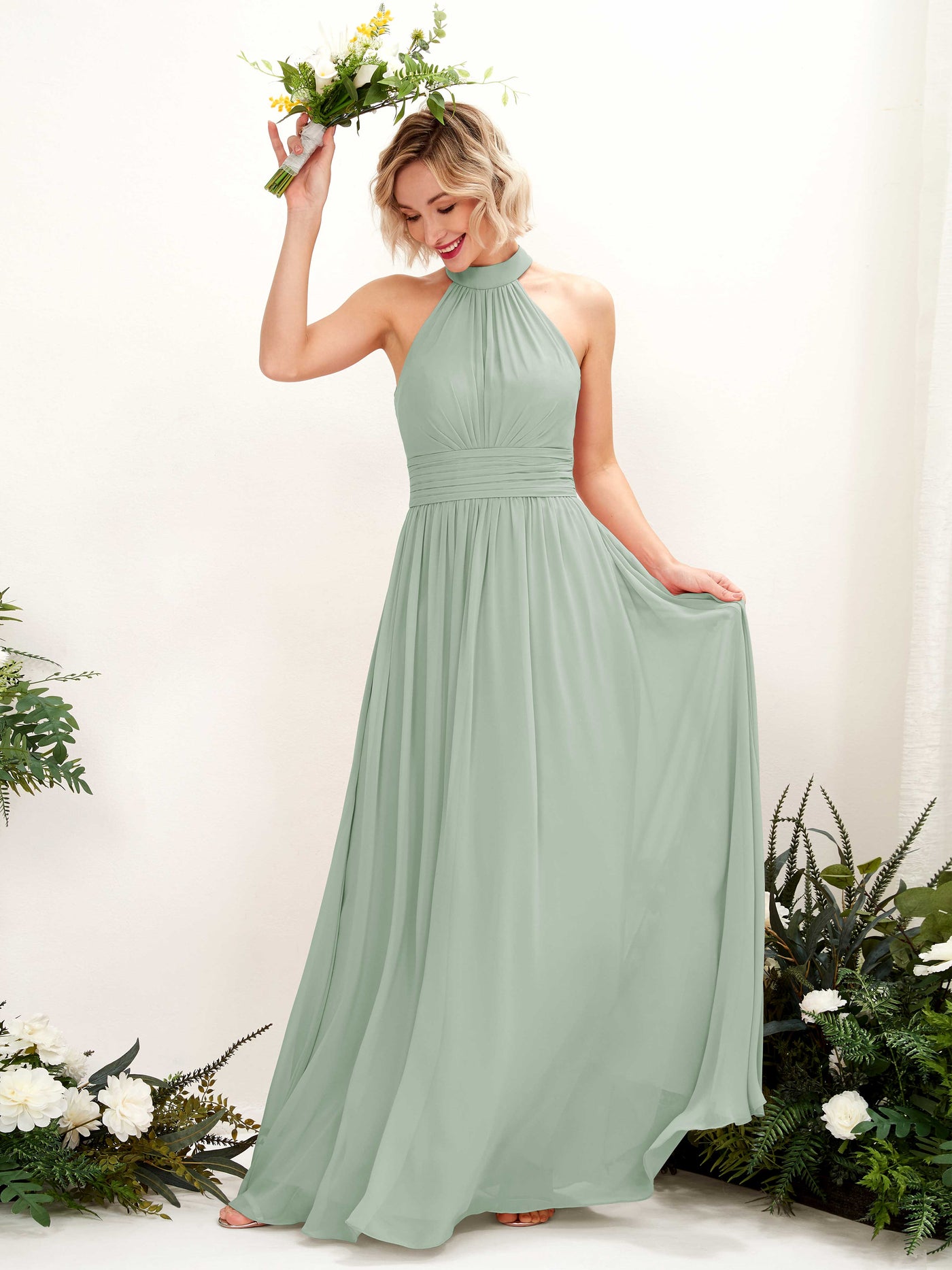 Sage Green Bridesmaid Dresses Bridesmaid Dress A-line Chiffon Halter Full Length Sleeveless Wedding Party Dress (81225305)#color_sage-green