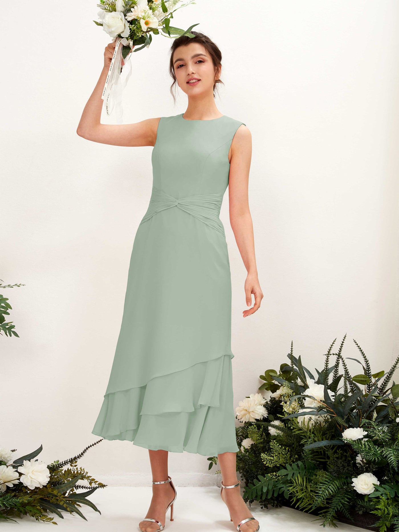 Sage Green Bridesmaid Dresses Bridesmaid Dress Mermaid/Trumpet Chiffon Round Tea Length Sleeveless Wedding Party Dress (81221905)#color_sage-green