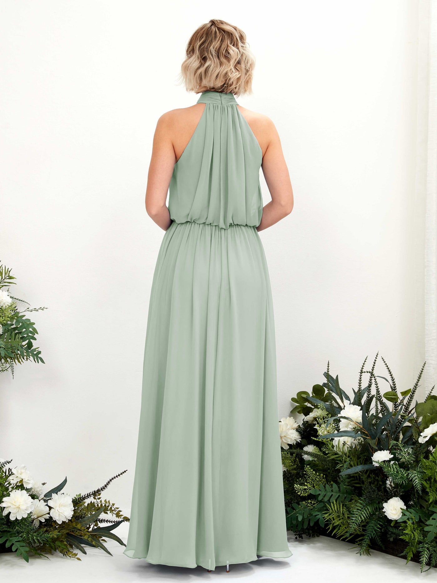 Sage Green Bridesmaid Dresses Bridesmaid Dress A-line Chiffon Halter Full Length Sleeveless Wedding Party Dress (81222905)#color_sage-green