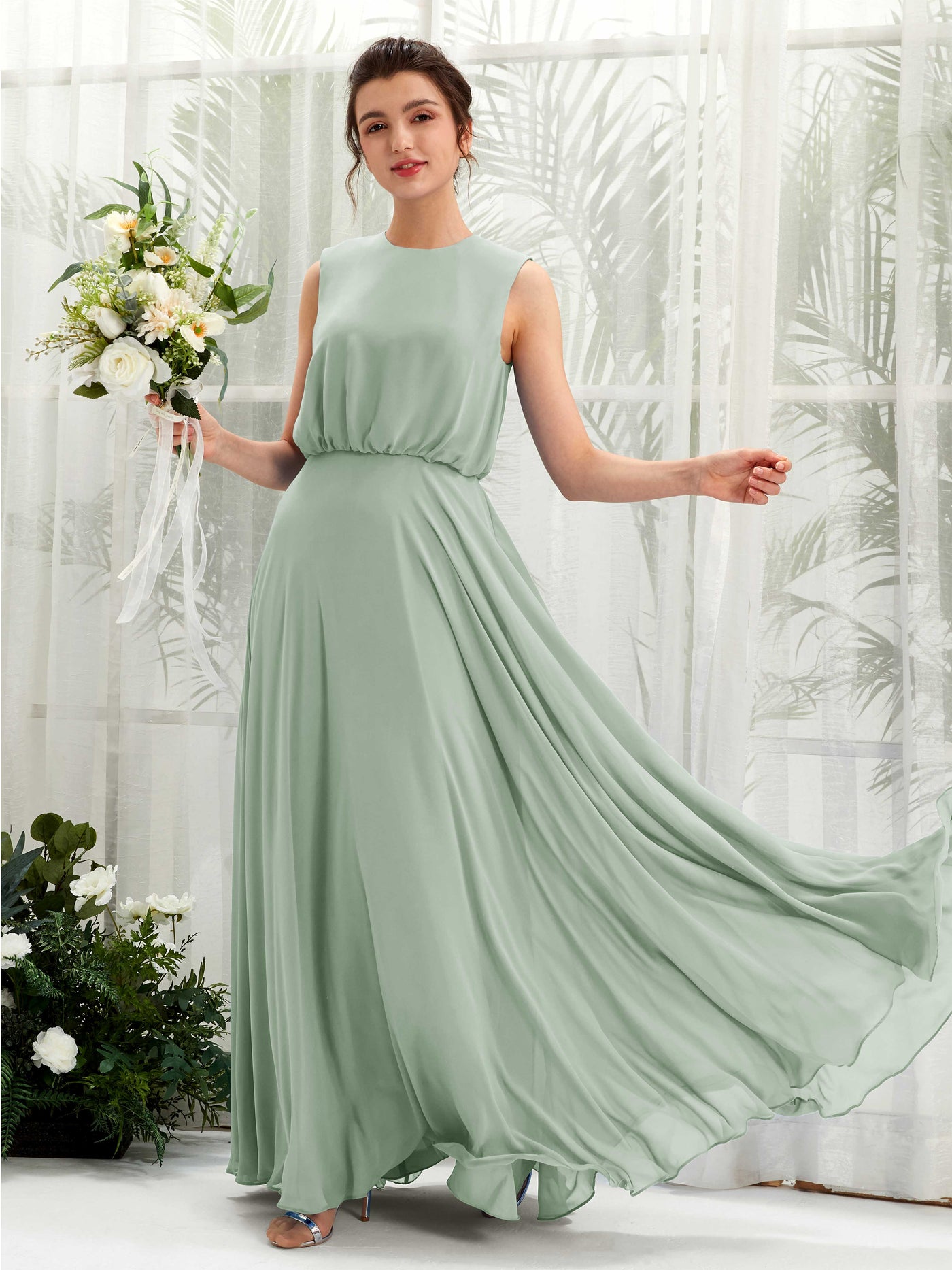 Sage Green Bridesmaid Dresses Bridesmaid Dress A-line Chiffon Round Full Length Sleeveless Wedding Party Dress (81222805)#color_sage-green