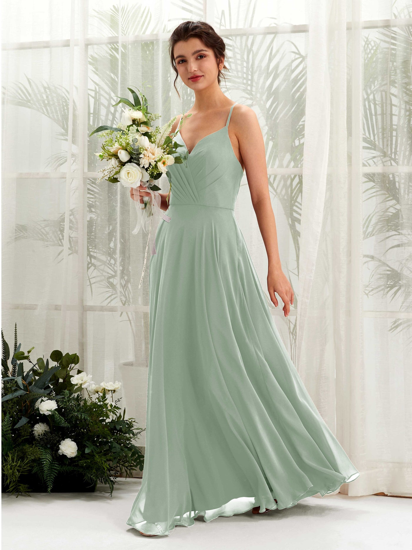 Sage Green Bridesmaid Dresses Bridesmaid Dress Chiffon Spaghetti-straps Full Length Sleeveless Wedding Party Dress (81224205)#color_sage-green