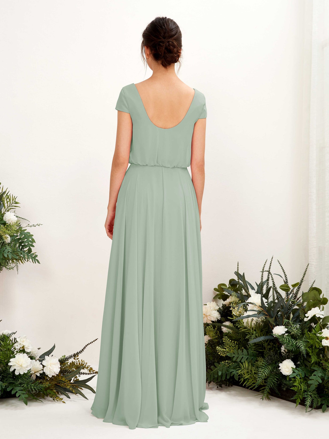 Sage Green Bridesmaid Dresses Bridesmaid Dress A-line Chiffon V-neck Full Length Short Sleeves Wedding Party Dress (81221805)#color_sage-green