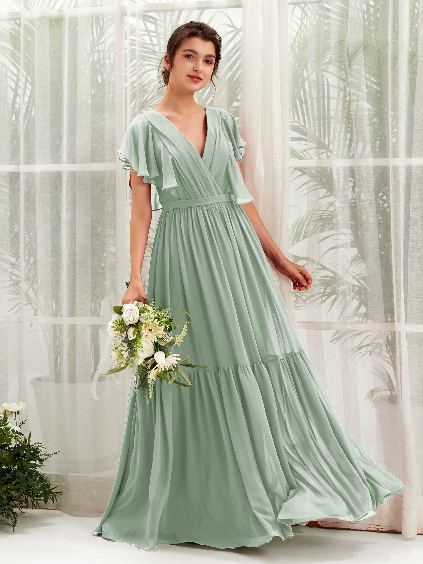 Sage Green Bridesmaid Dresses Bridesmaid Dress A-line Chiffon V-neck Full Length Short Sleeves Wedding Party Dress (81225905)#color_sage-green