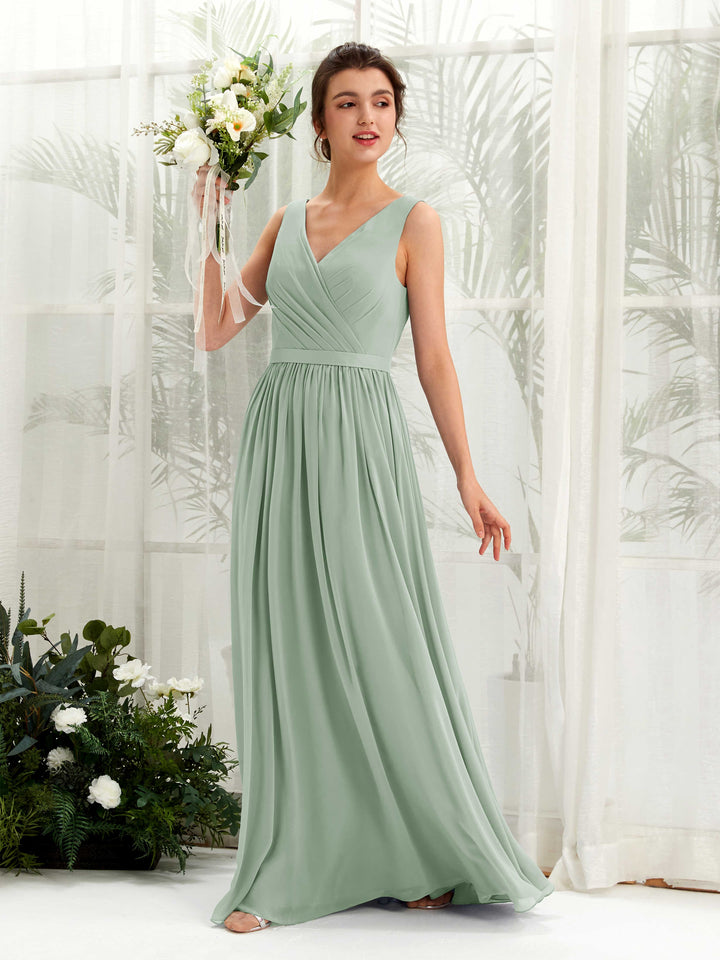 Sage Green Bridesmaid Dresses Bridesmaid Dress A-line Chiffon V-neck Full Length Sleeveless Wedding Party Dress (81223605)