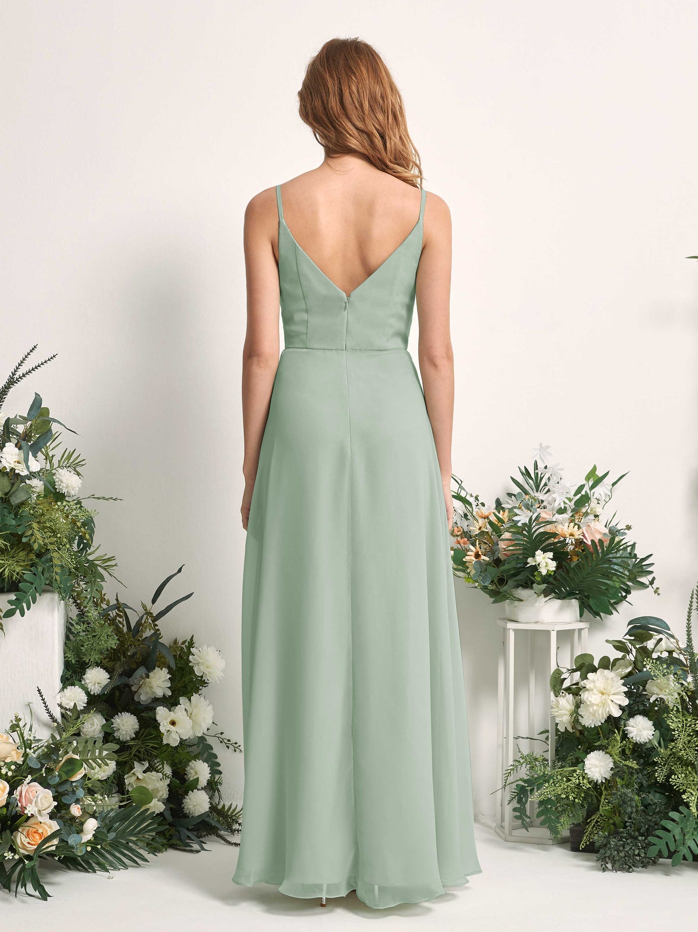 Bridesmaid Dress A-line Chiffon Spaghetti-straps Full Length Sleeveless Wedding Party Dress - Sage Green (81227205)#color_sage-green