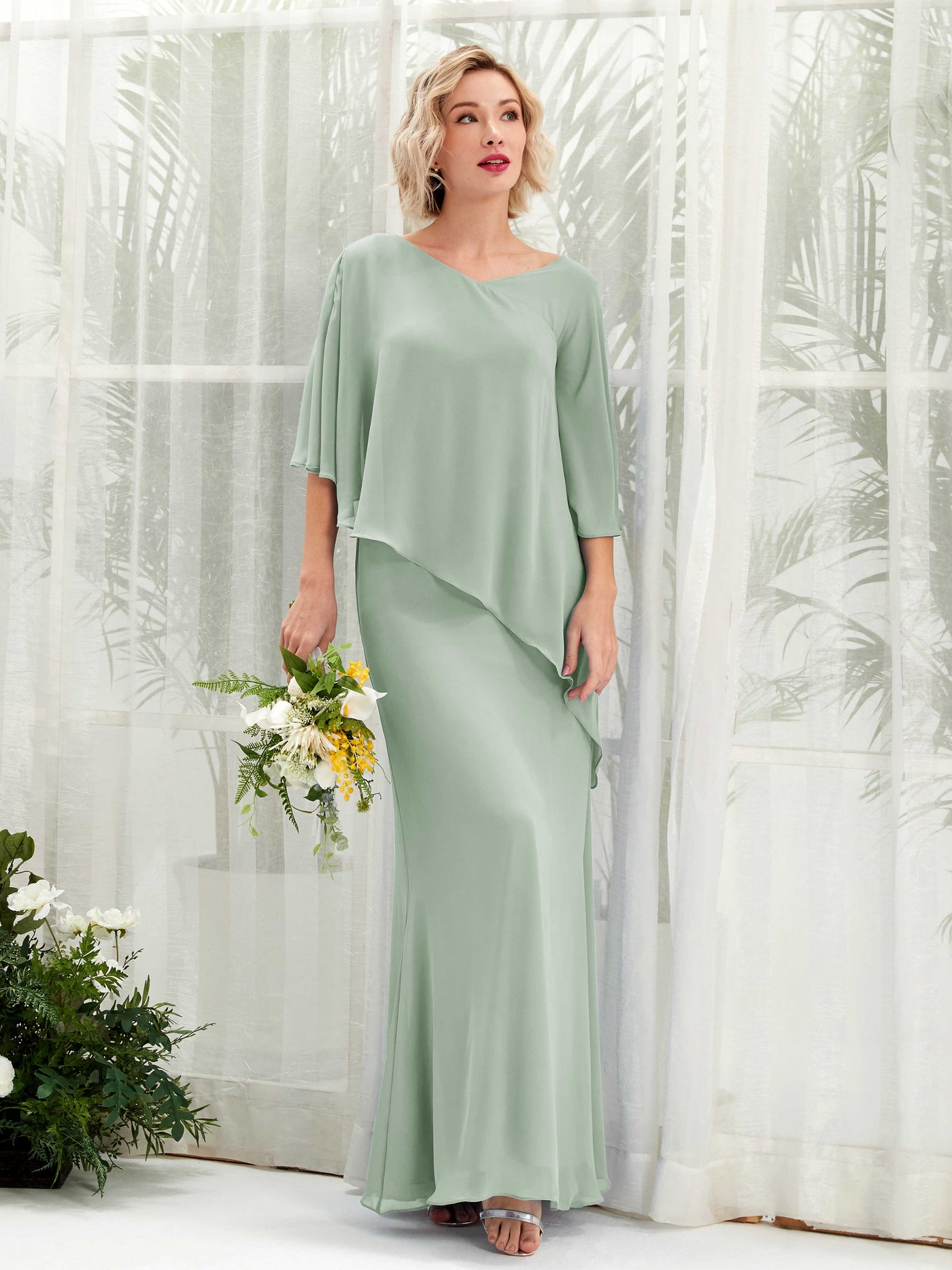 Sage Green Bridesmaid Dresses Bridesmaid Dress Bohemian Chiffon V-neck Full Length 3/4 Sleeves Wedding Party Dress (81222505)#color_sage-green