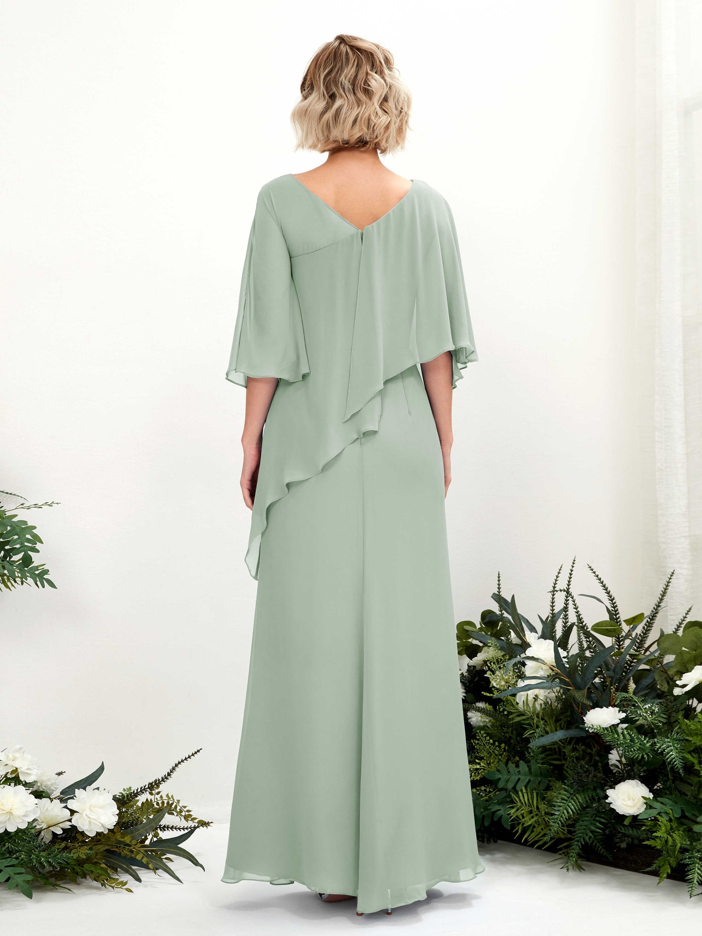 Sage Green Bridesmaid Dresses Bridesmaid Dress Bohemian Chiffon V-neck Full Length 3/4 Sleeves Wedding Party Dress (81222505)#color_sage-green