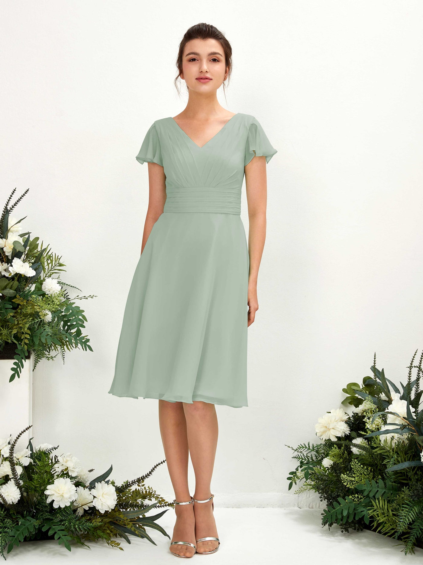 Sage Green Bridesmaid Dresses Bridesmaid Dress Chiffon V-neck Knee Length Short Sleeves Wedding Party Dress (81220205)#color_sage-green