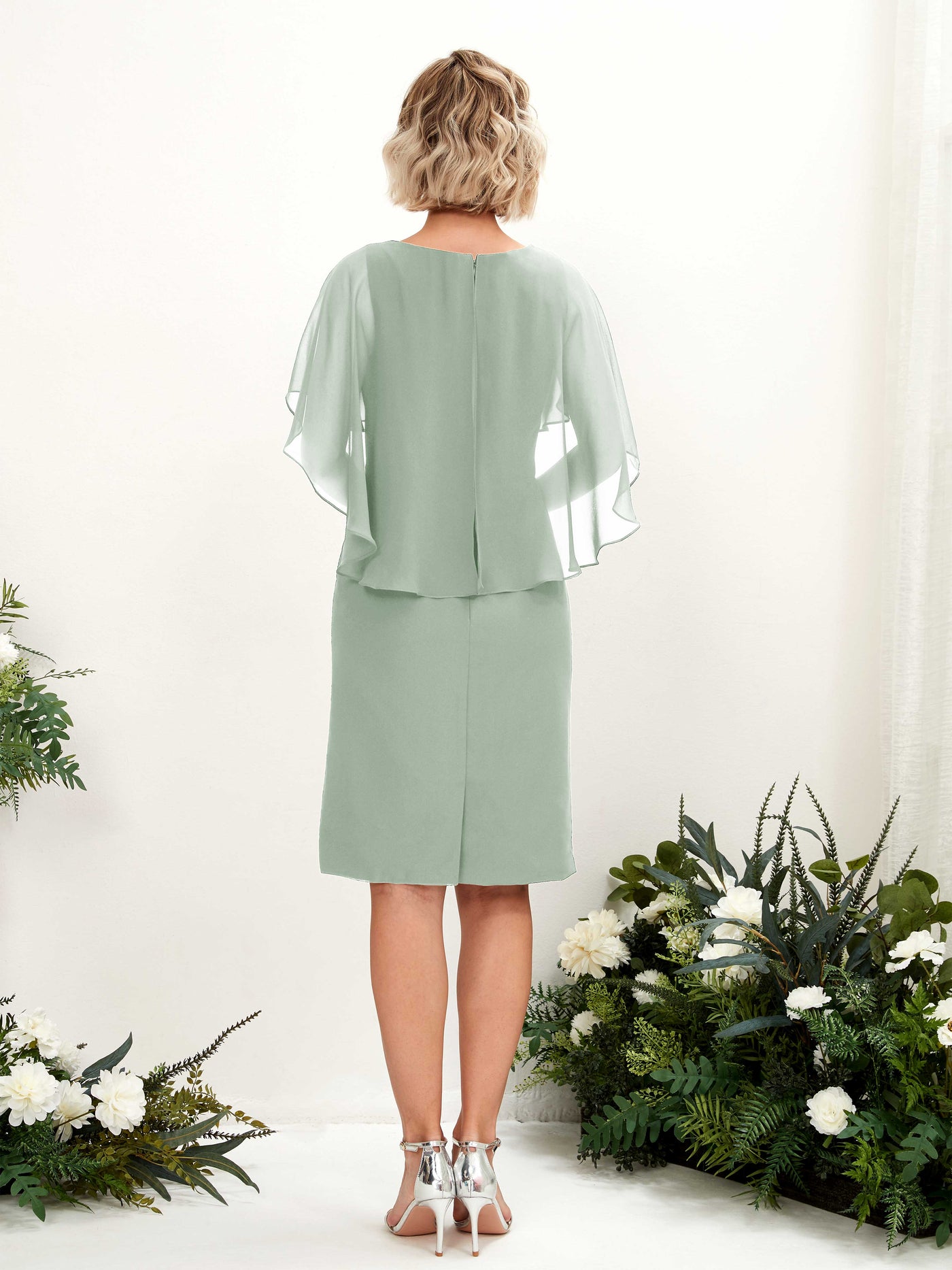 Sage Green Bridesmaid Dresses Bridesmaid Dress Chiffon V-neck Knee Length Short Sleeves Wedding Party Dress (81224005)#color_sage-green