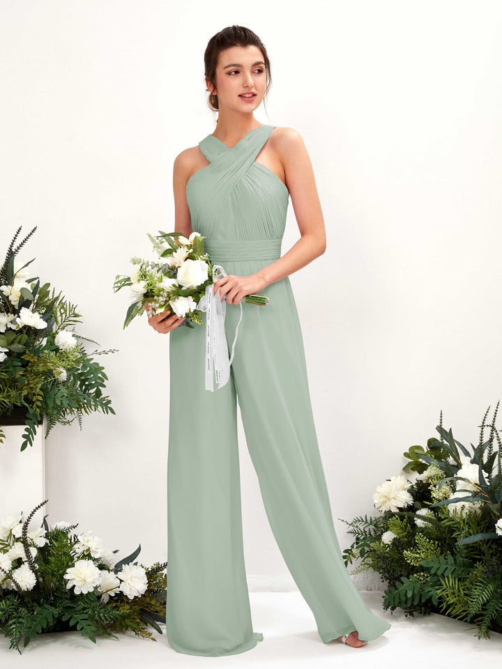 Sage Green Bridesmaid Dresses Bridesmaid Dress Chiffon V-neck Full Length Sleeveless Wedding Party Dress (81220705)