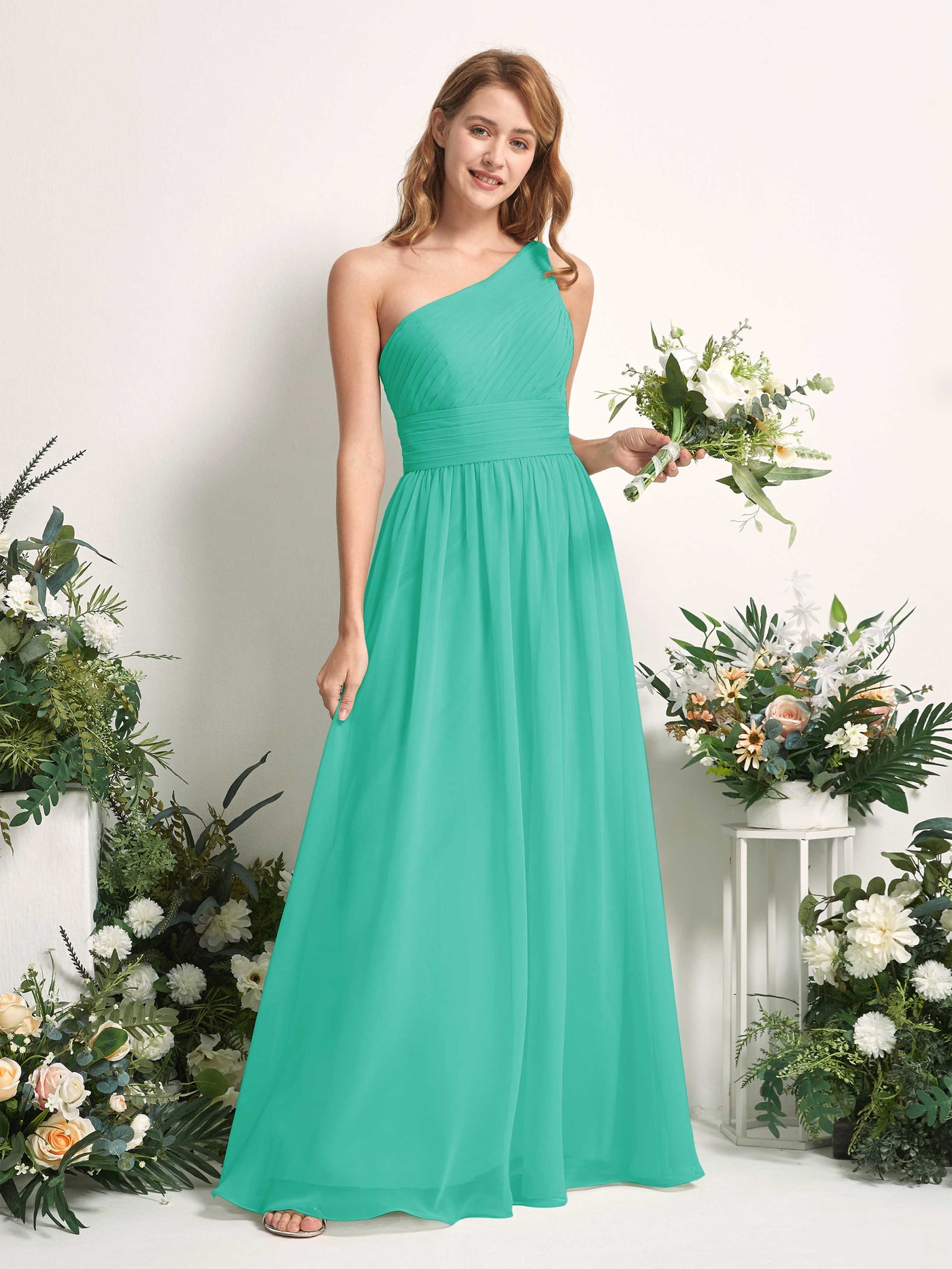 Bridesmaid Dress A-line Chiffon One Shoulder Full Length Sleeveless Wedding Party Dress - Tiffany (81226732)#color_tiffany