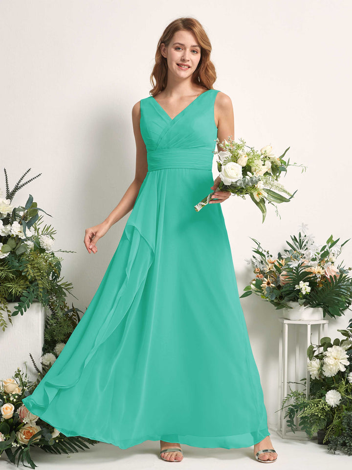 Bridesmaid Dress A-line Chiffon V-neck Full Length Sleeveless Wedding Party Dress - Tiffany (81227132)