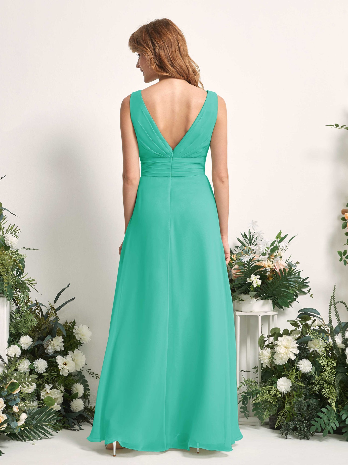 Bridesmaid Dress A-line Chiffon V-neck Full Length Sleeveless Wedding Party Dress - Tiffany (81227132)#color_tiffany