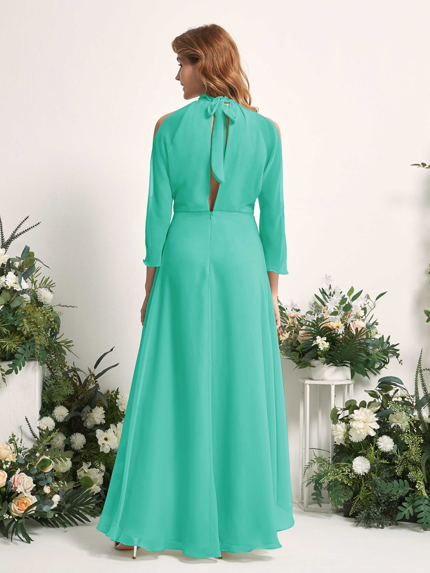 Bridesmaid Dress A-line Chiffon Halter High Low 3/4 Sleeves Wedding Party Dress - Tiffany (81227632)#color_tiffany