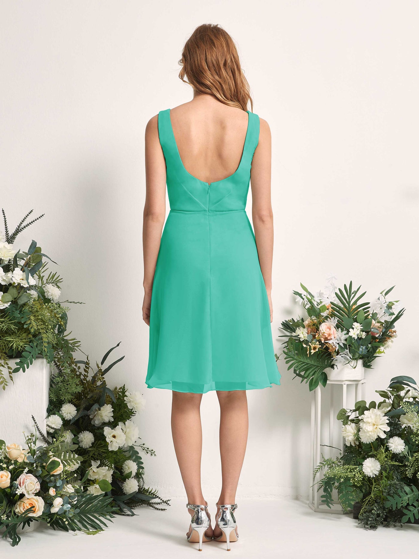Bridesmaid Dress A-line Chiffon Straps Knee Length Sleeveless Wedding Party Dress - Tiffany (81226632)#color_tiffany