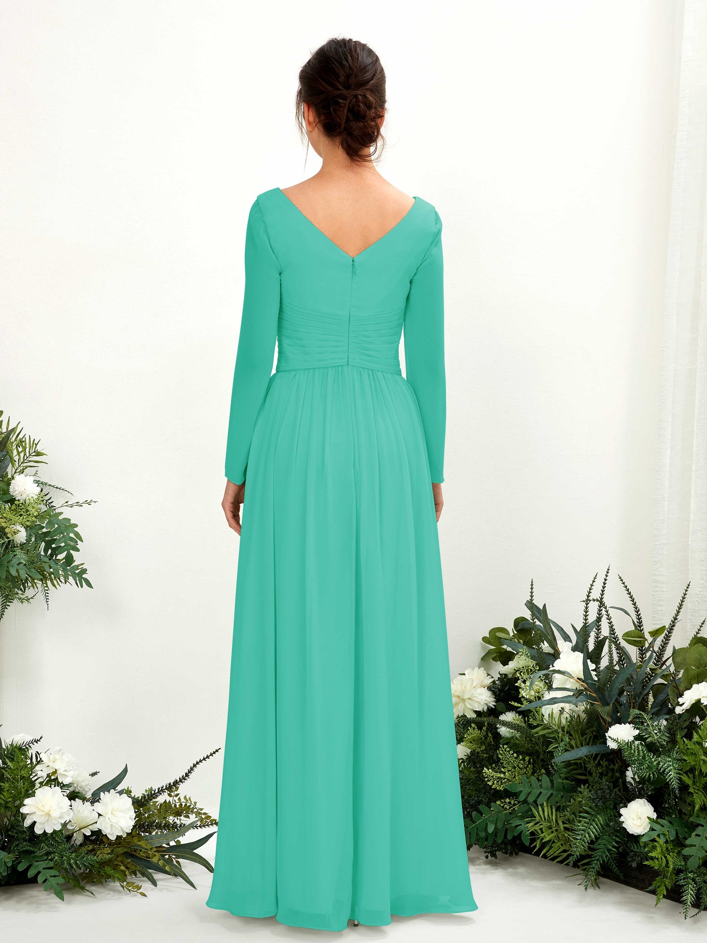 Tiffany Bridesmaid Dresses Bridesmaid Dress A-line Chiffon V-neck Full Length Long Sleeves Wedding Party Dress (81220332)#color_tiffany