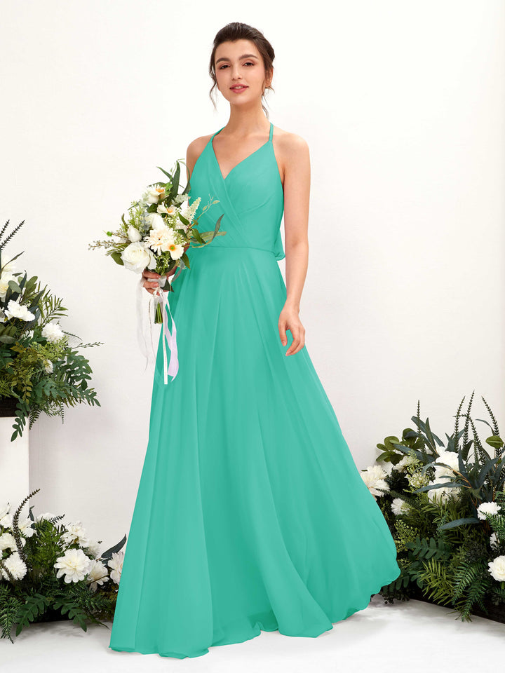 Halter V-neck Sleeveless Chiffon Bridesmaid Dress - Tiffany (81221032)