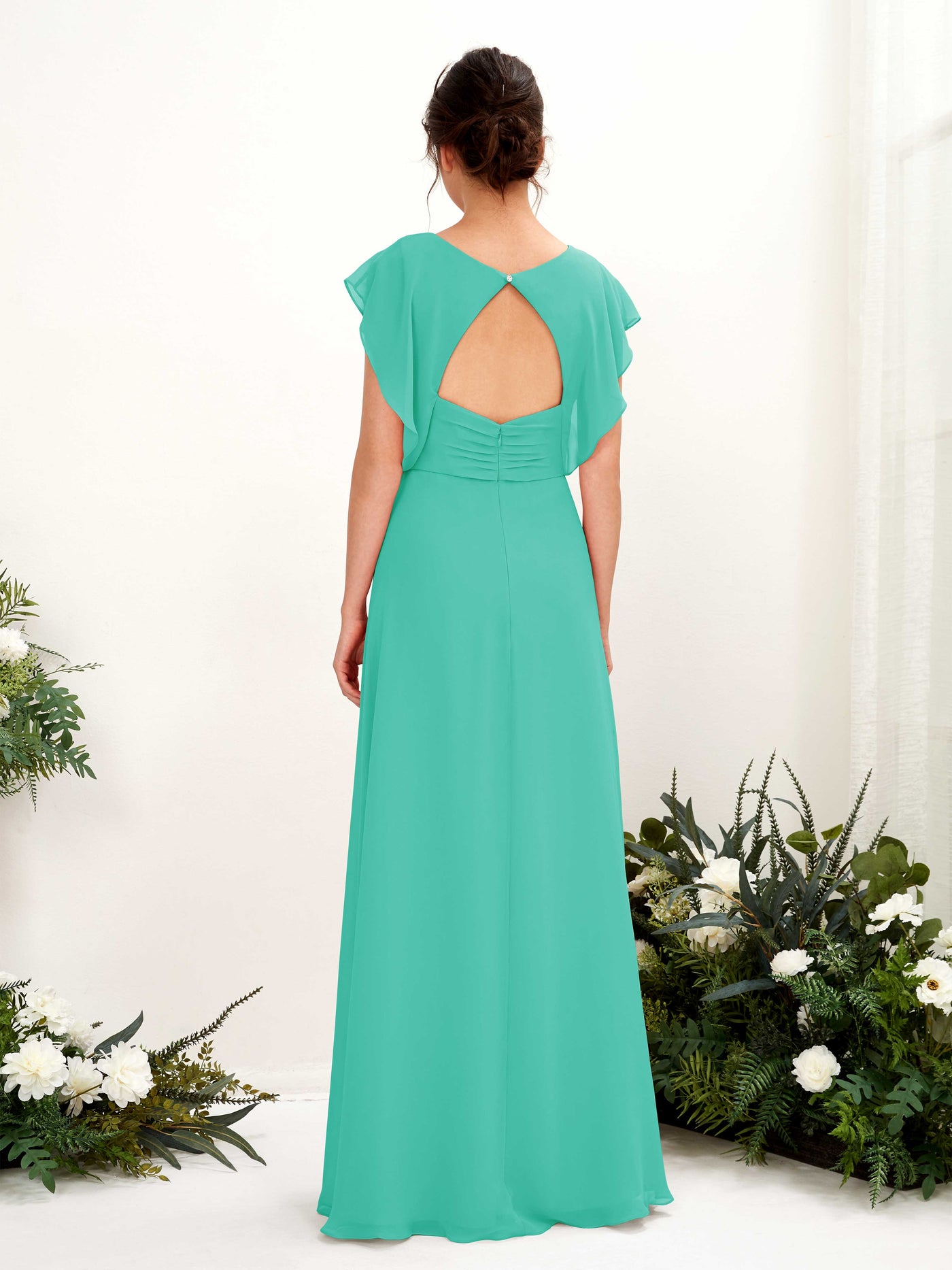 Tiffany Bridesmaid Dresses Bridesmaid Dress A-line Chiffon V-neck Full Length Short Sleeves Wedding Party Dress (81225632)#color_tiffany