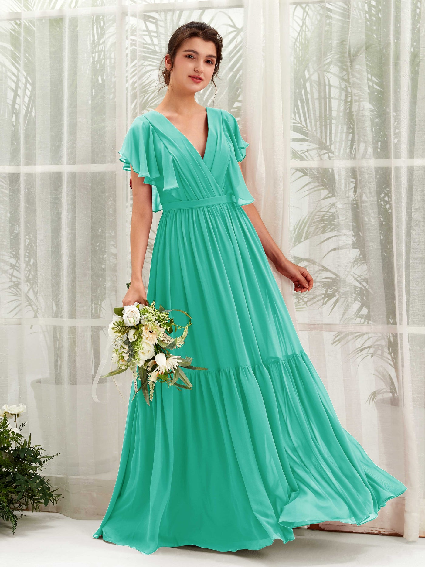 Tiffany Bridesmaid Dresses Bridesmaid Dress A-line Chiffon V-neck Full Length Short Sleeves Wedding Party Dress (81225932)#color_tiffany