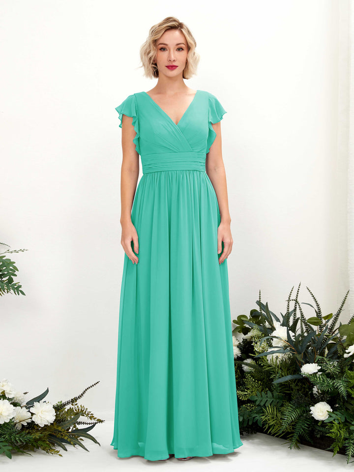 Tiffany Bridesmaid Dresses Bridesmaid Dress A-line Chiffon V-neck Full Length Short Sleeves Wedding Party Dress (81222732)