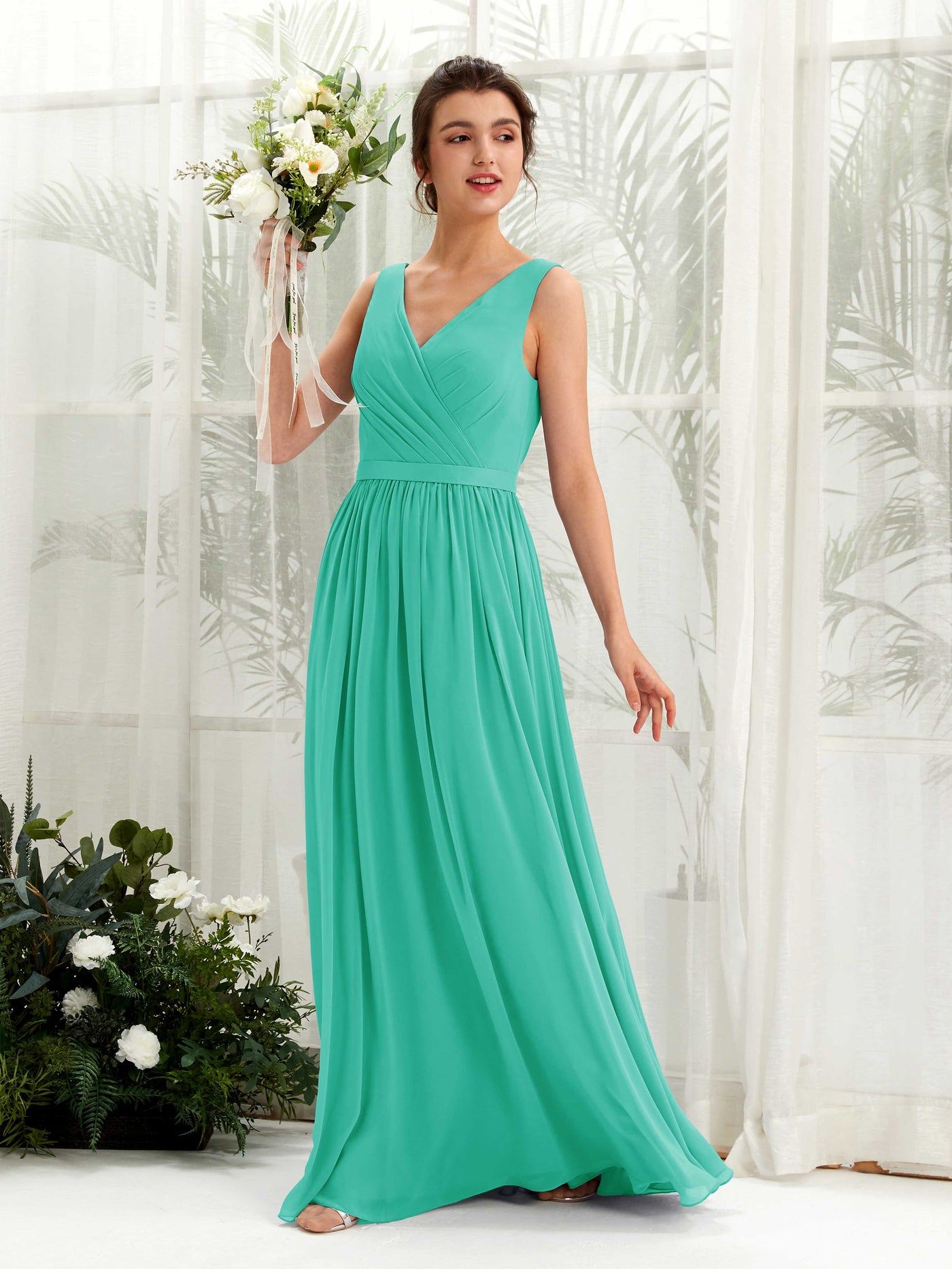 Tiffany Bridesmaid Dresses Bridesmaid Dress A-line Chiffon V-neck Full Length Sleeveless Wedding Party Dress (81223632)#color_tiffany