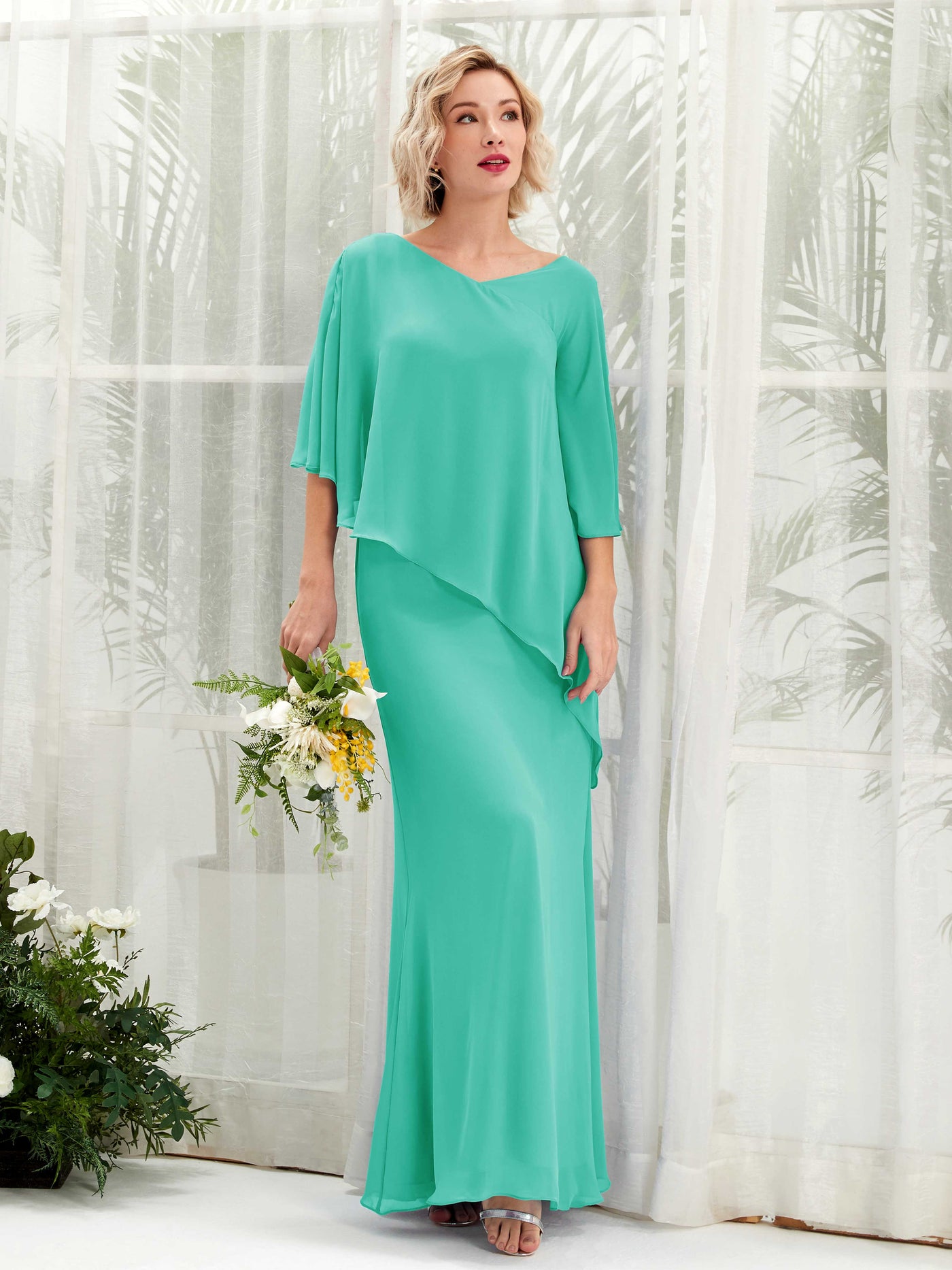 Tiffany Bridesmaid Dresses Bridesmaid Dress Bohemian Chiffon V-neck Full Length 3/4 Sleeves Wedding Party Dress (81222532)#color_tiffany