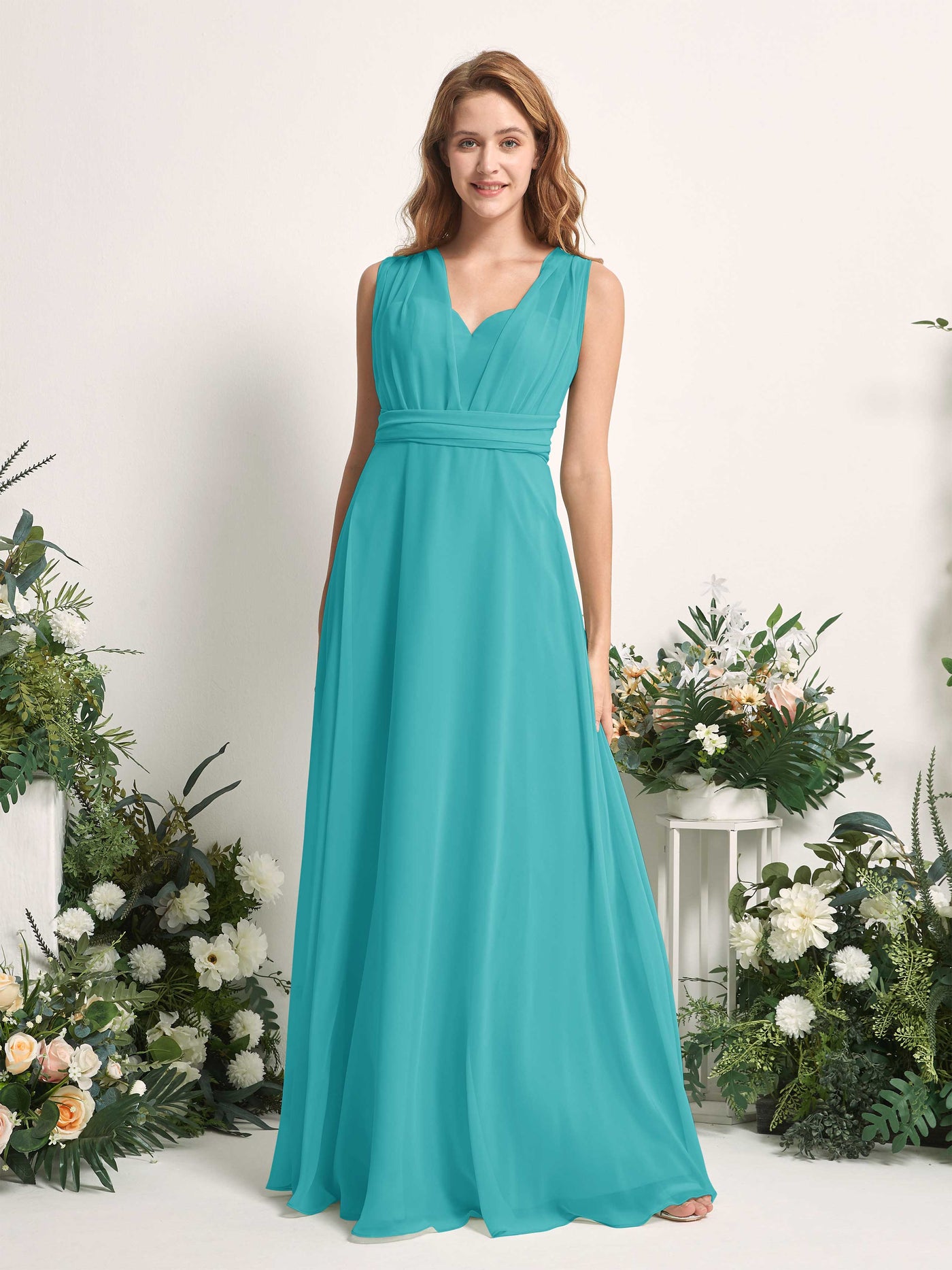 Turquoise Bridesmaid Dresses Bridesmaid Dress A-line Chiffon Halter Full Length Short Sleeves Wedding Party Dress (81226323)#color_turquoise