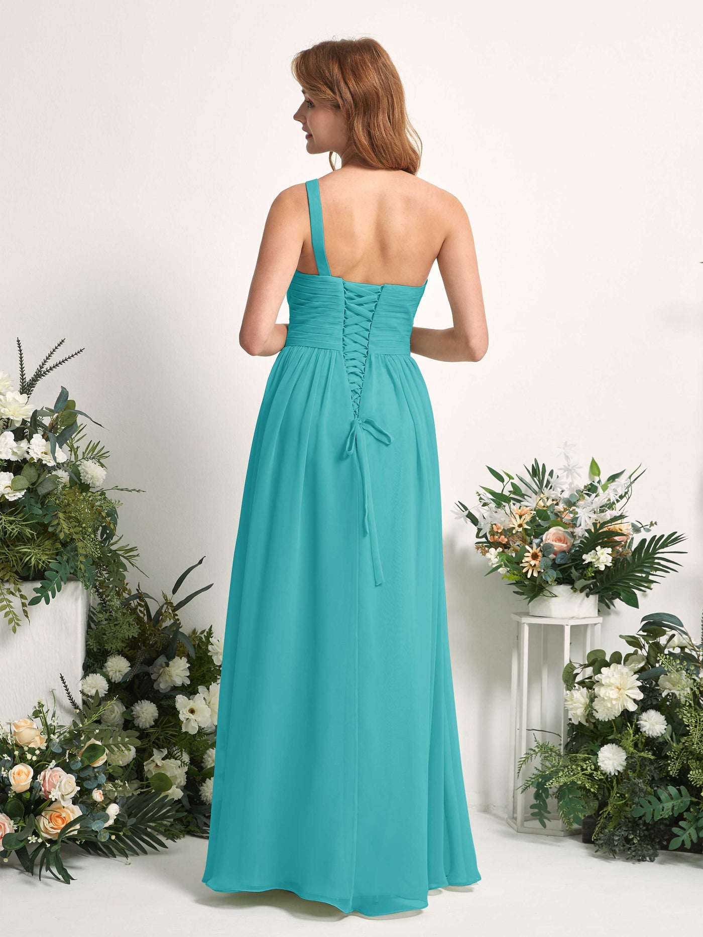 Bridesmaid Dress A-line Chiffon One Shoulder Full Length Sleeveless Wedding Party Dress - Turquoise (81226723)#color_turquoise