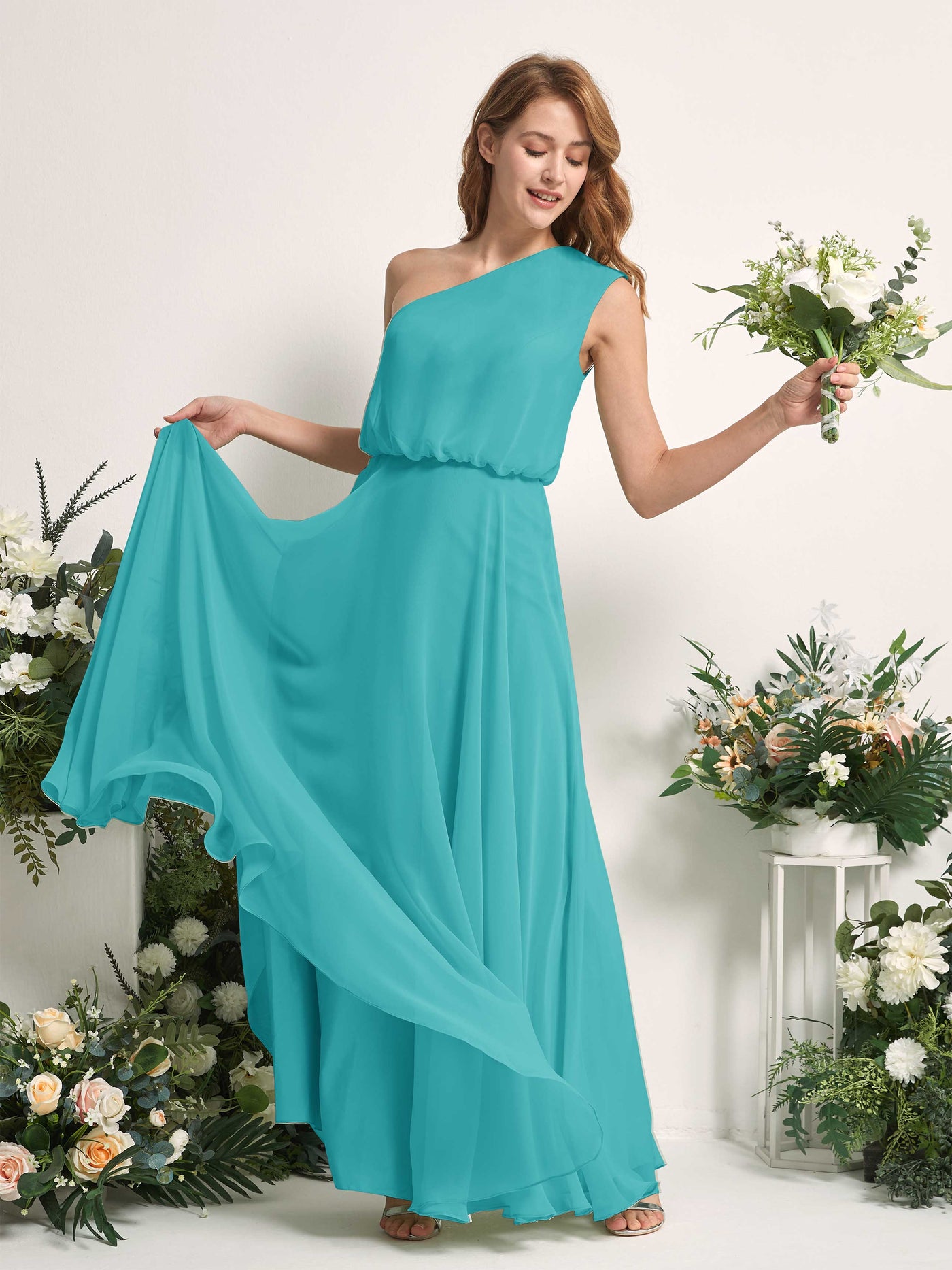 Bridesmaid Dress A-line Chiffon One Shoulder Full Length Sleeveless Wedding Party Dress - Turquoise (81226823)#color_turquoise