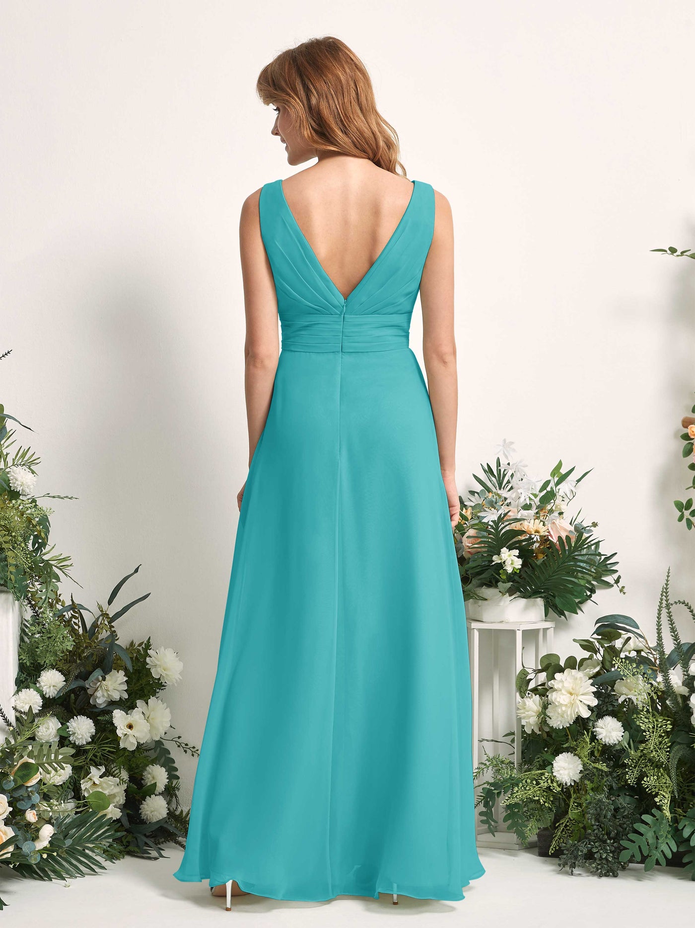 Bridesmaid Dress A-line Chiffon V-neck Full Length Sleeveless Wedding Party Dress - Turquoise (81227123)#color_turquoise
