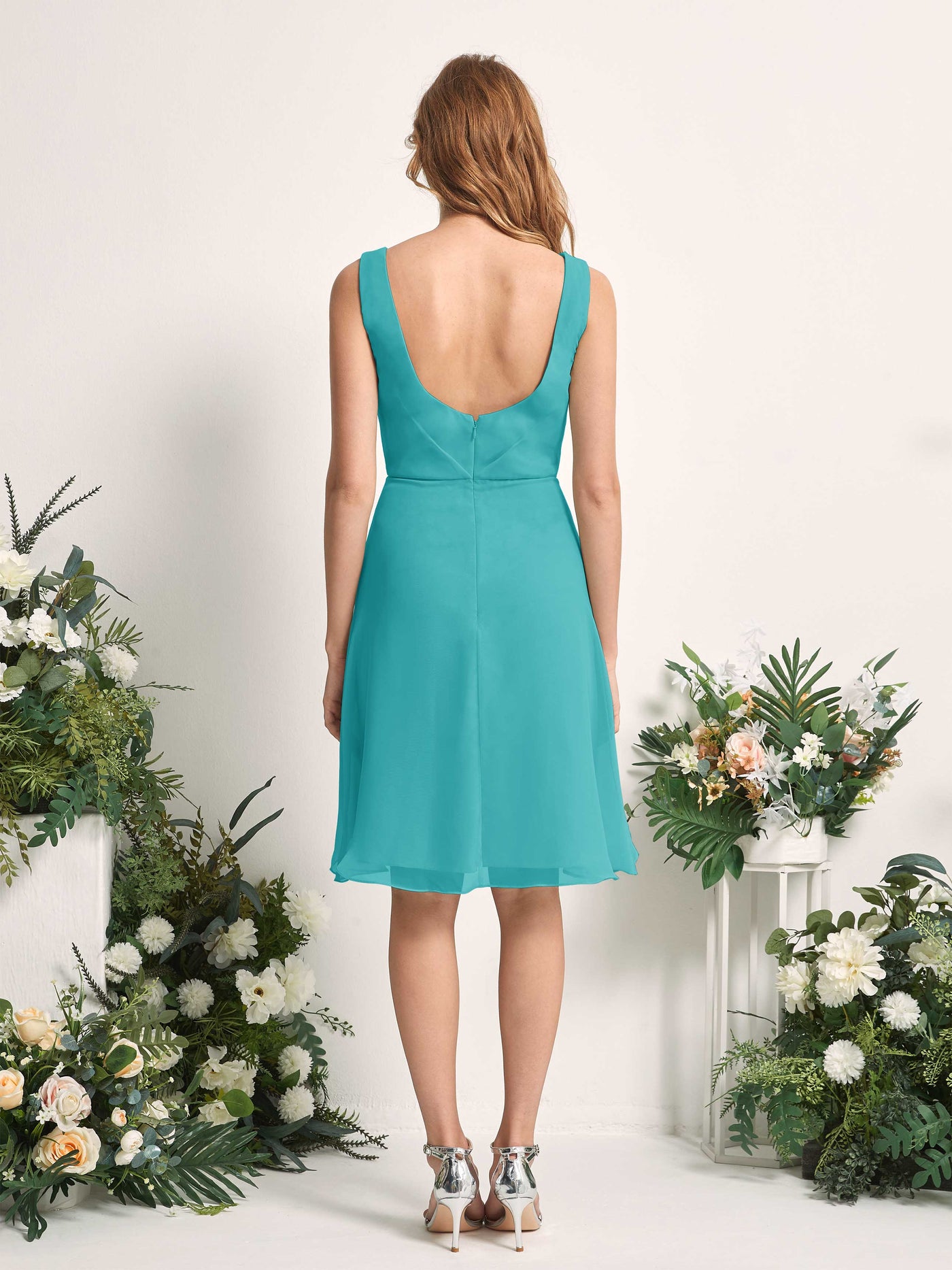 Bridesmaid Dress A-line Chiffon Straps Knee Length Sleeveless Wedding Party Dress - Turquoise (81226623)#color_turquoise