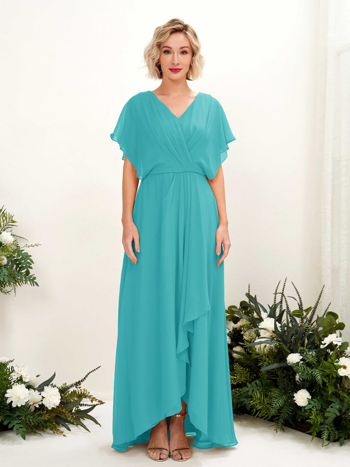 Turquoise Bridesmaid Dresses Bridesmaid Dress A-line Chiffon V-neck Full Length Short Sleeves Wedding Party Dress (81222123)
