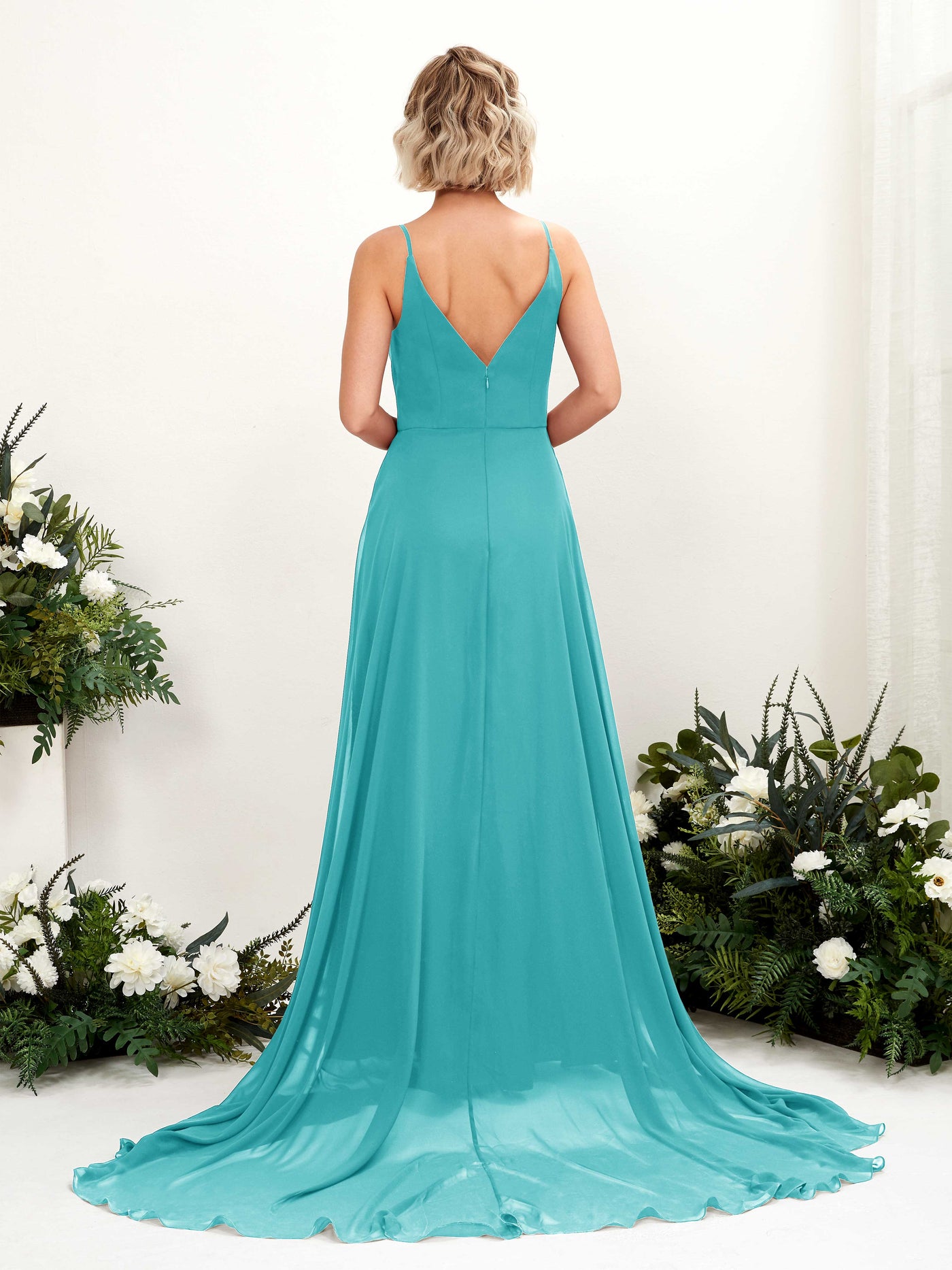 Turquoise Bridesmaid Dresses Bridesmaid Dress A-line Chiffon V-neck Full Length Sleeveless Wedding Party Dress (81224123)#color_turquoise