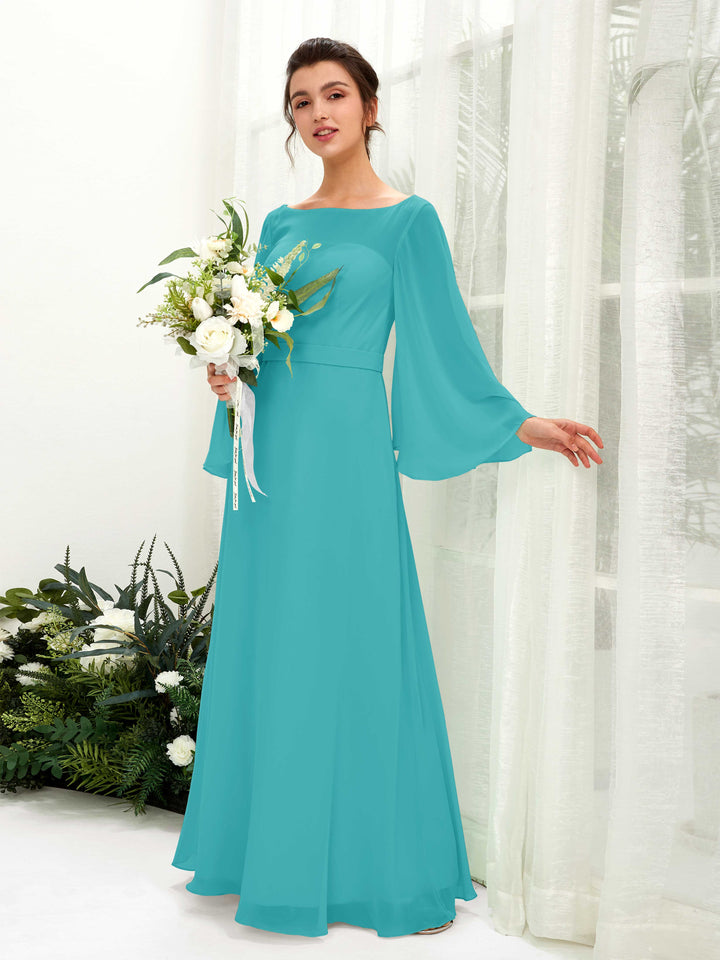 Turquoise Bridesmaid Dresses Bridesmaid Dress A-line Chiffon Bateau Full Length Long Sleeves Wedding Party Dress (81220523)