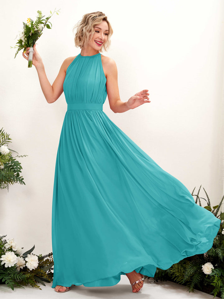 Turquoise Bridesmaid Dresses Bridesmaid Dress A-line Chiffon Halter Full Length Sleeveless Wedding Party Dress (81223123)