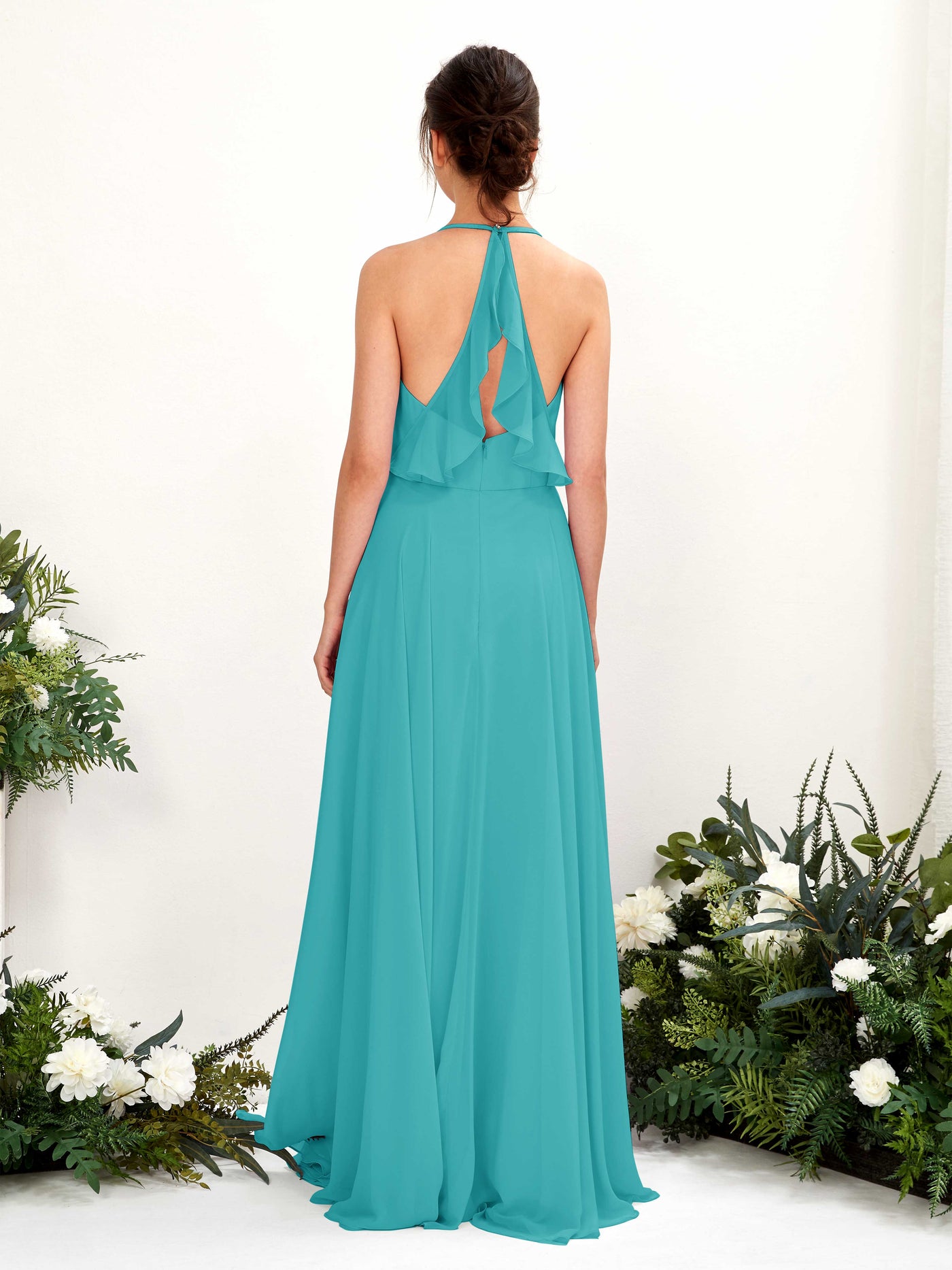 Halter V-neck Sleeveless Chiffon Bridesmaid Dress - Turquoise (81221023)#color_turquoise