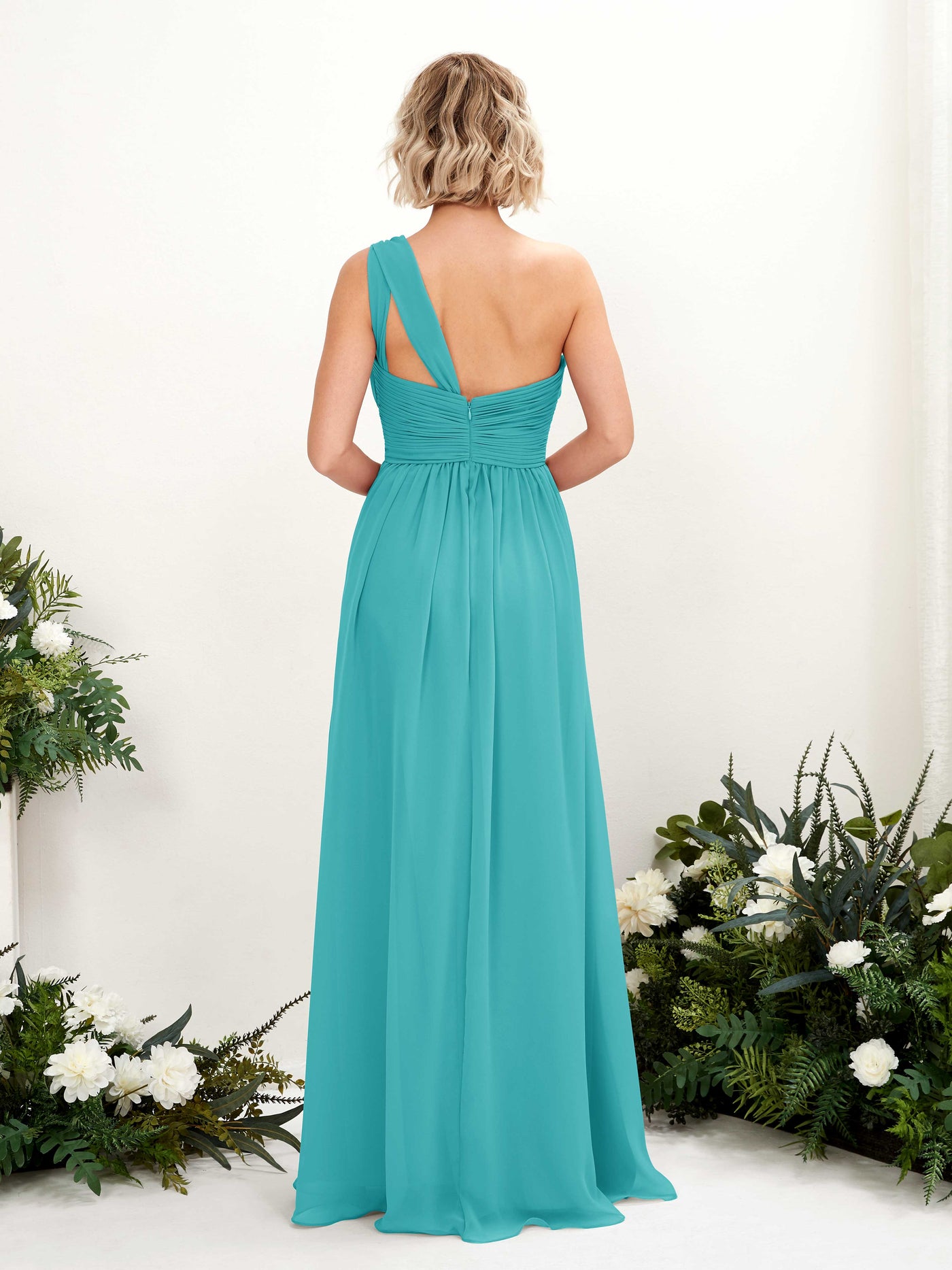 Turquoise Bridesmaid Dresses Bridesmaid Dress Ball Gown Chiffon One Shoulder Full Length Sleeveless Wedding Party Dress (81225023)#color_turquoise
