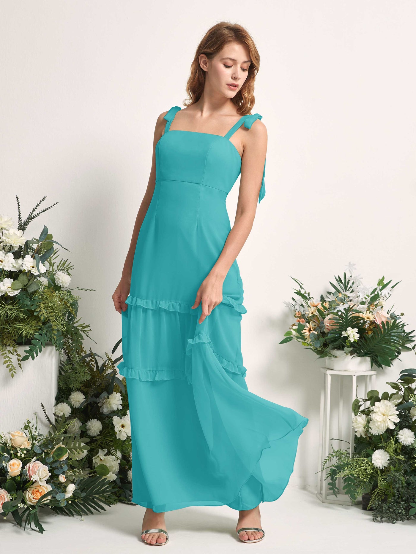 Bridesmaid Dress Chiffon Straps Full Length Sleeveless Wedding Party Dress - Turquoise (81227523)#color_turquoise
