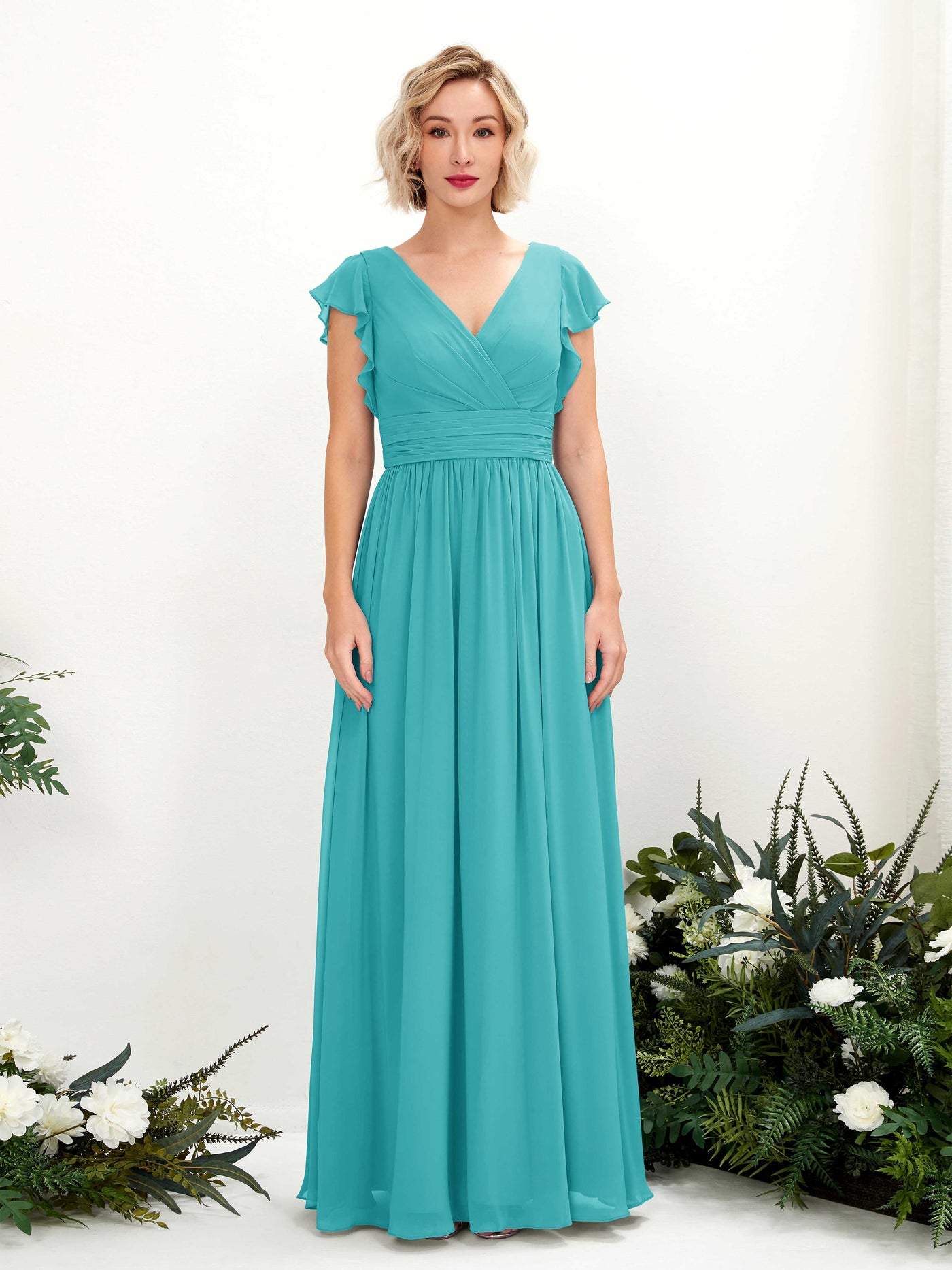 Turquoise Bridesmaid Dresses Bridesmaid Dress A-line Chiffon V-neck Full Length Short Sleeves Wedding Party Dress (81222723)#color_turquoise