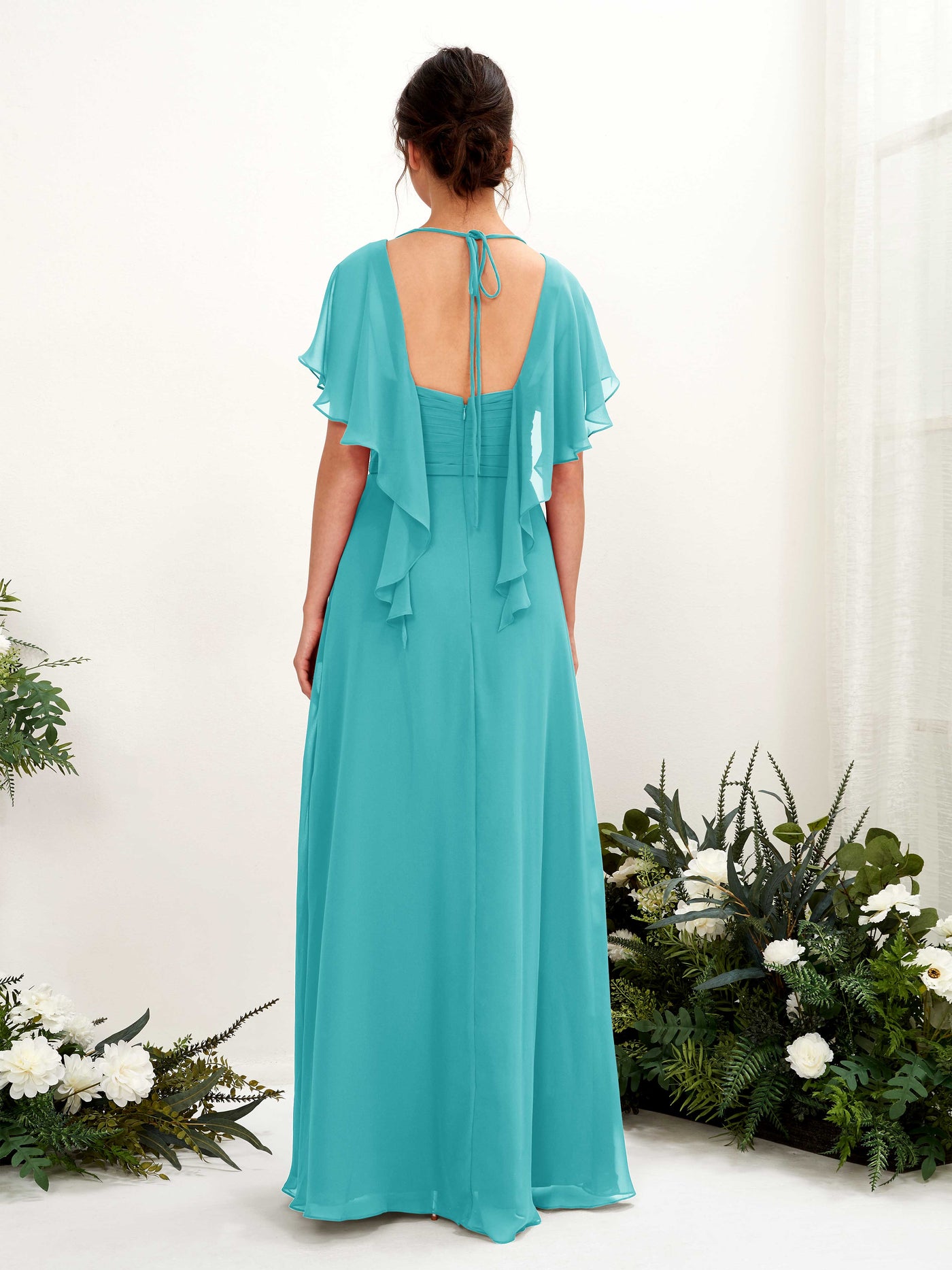 Open back V-neck Short Sleeves Chiffon Bridesmaid Dress - Turquoise (81226123)#color_turquoise