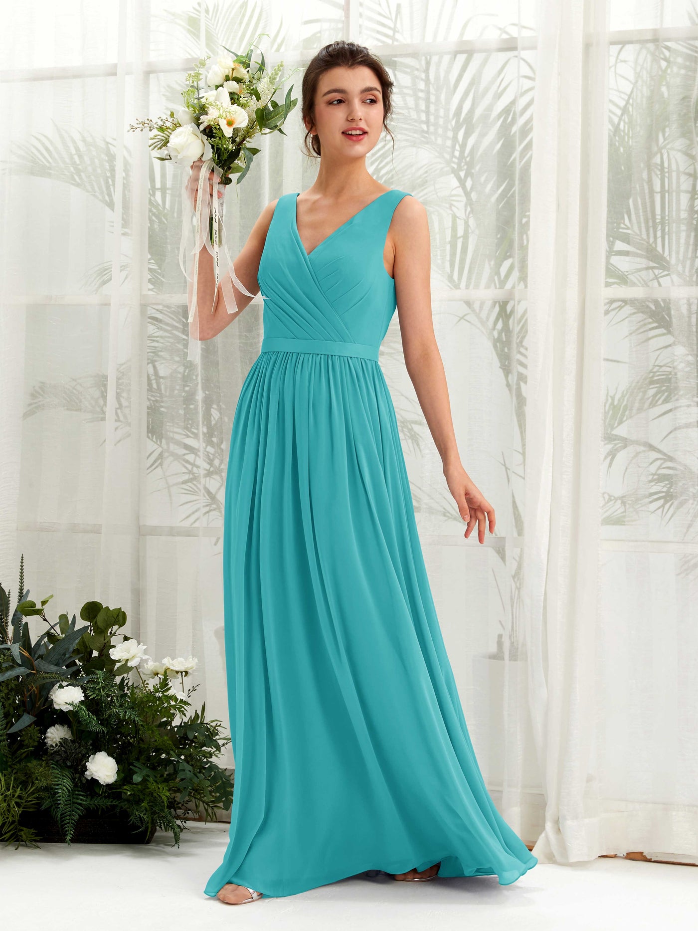 Turquoise Bridesmaid Dresses Bridesmaid Dress A-line Chiffon V-neck Full Length Sleeveless Wedding Party Dress (81223623)#color_turquoise