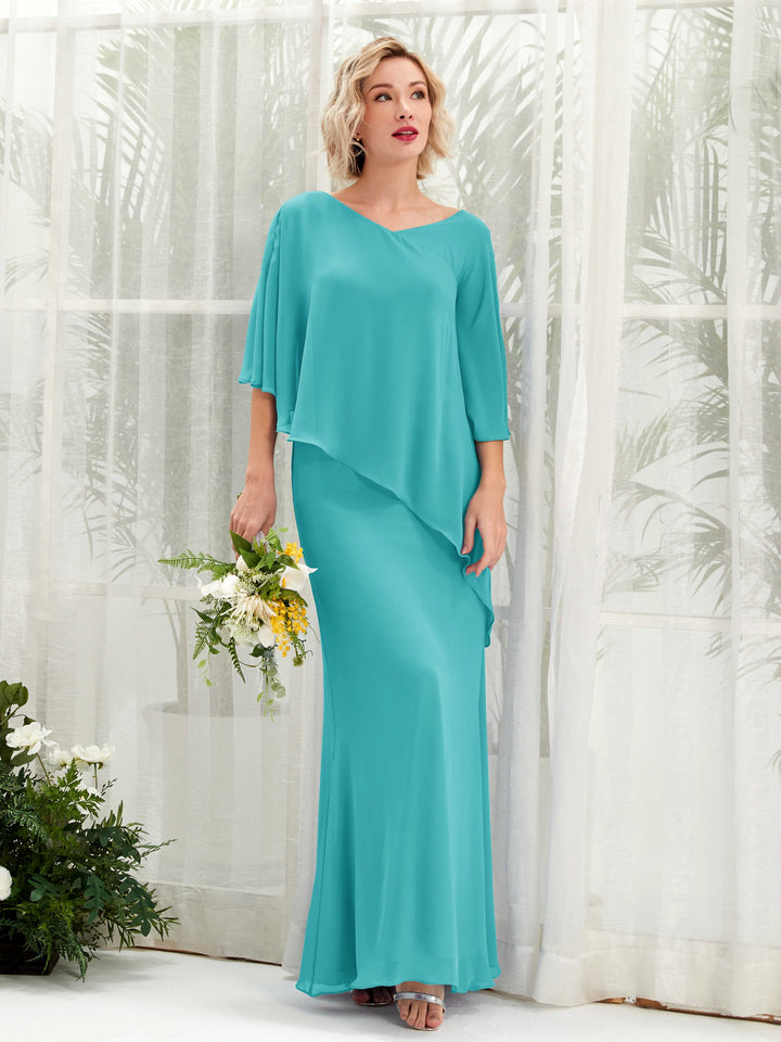 Turquoise Bridesmaid Dresses Bridesmaid Dress Bohemian Chiffon V-neck Full Length 3/4 Sleeves Wedding Party Dress (81222523)