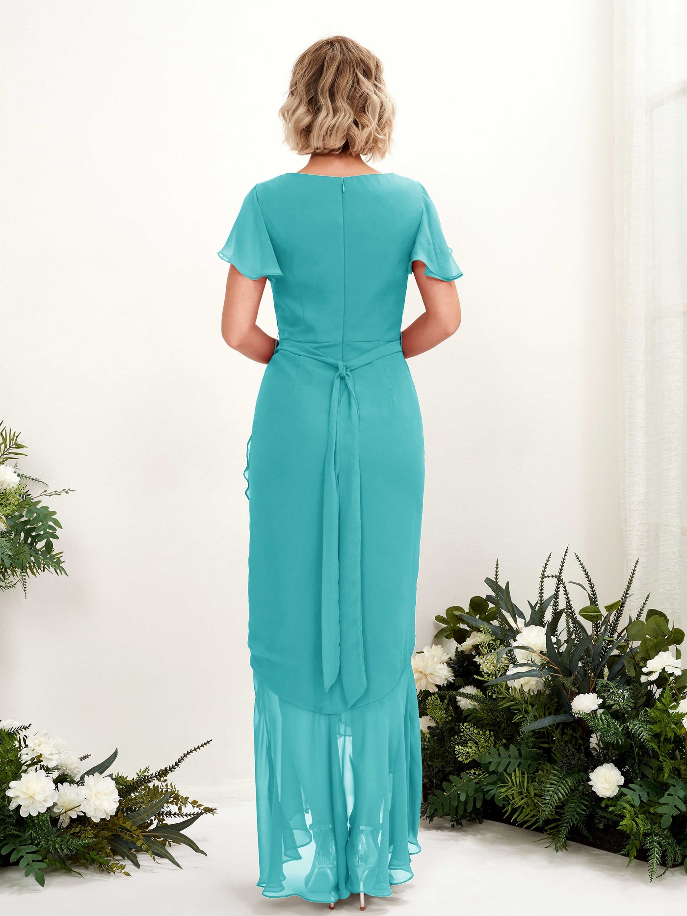 V-neck Short Sleeves Chiffon Bridesmaid Dress - Turquoise (81226223)#color_turquoise