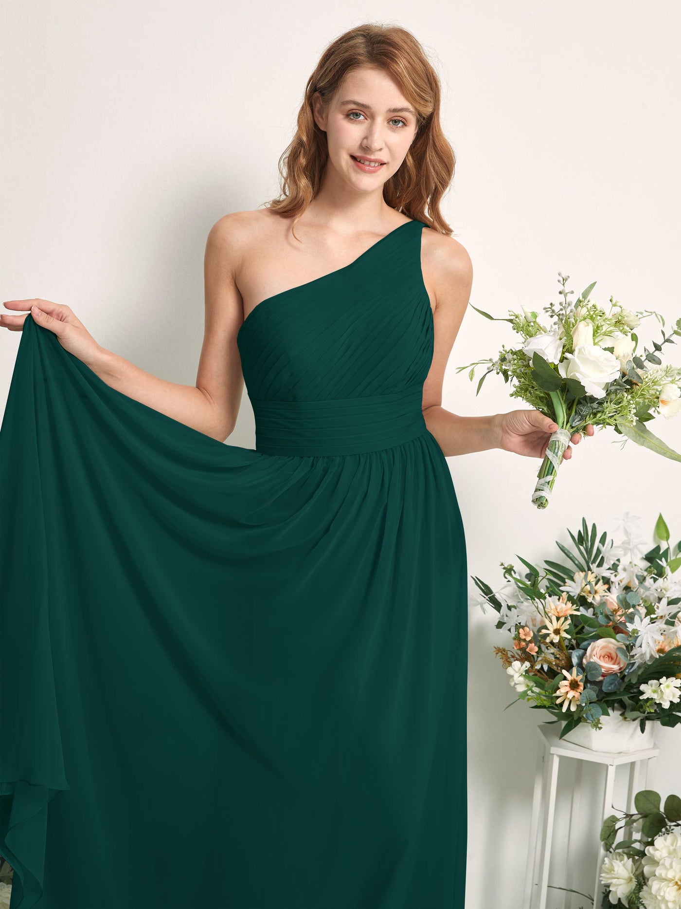 Bridesmaid Dress A-line Chiffon One Shoulder Full Length Sleeveless Wedding Party Dress - Dark Emerald (81226717)#color_dark-emerald